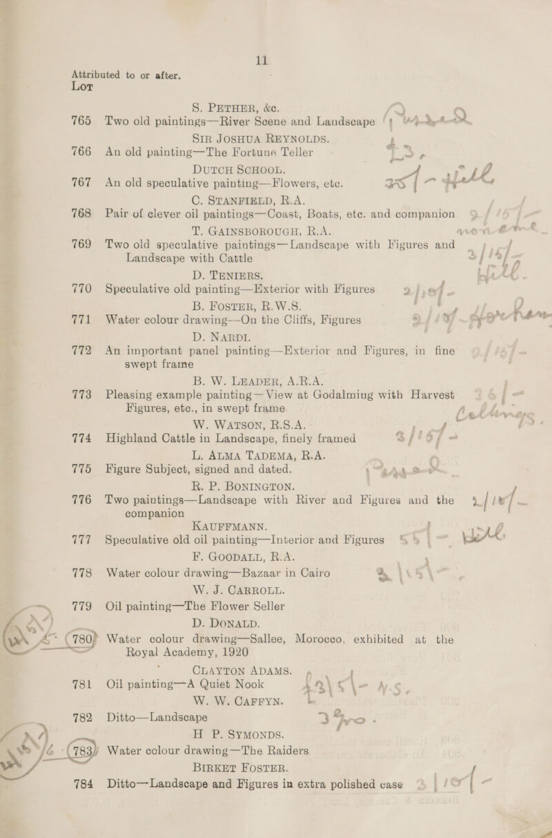 765 766 767 768 769 770 771 172 773 774 775 776 ote 7178 11 S. PETHER, &amp;e. < C) Two old paintings—River Scene and Landscape (| “Gtye*® SIR JOSHUA REYNOLDS. An old painting—The Fortune Teller a F DutTcH SCHOOL. | aes An old speculative painting—F lowers, ete. Gi . atten C. STANFIELD, R.A. Pair of clever oil paintings—Coast, Boats, ete. and companion T. GAINSBOROUGH, R.A. mon e® Two old speculative paintings— Landscape with Figures et i / Landscape with Cattle a fed D. TENIERS. Speculative old painting—Exterior with Figures 2}, 94 ~ B. Foster, R.W.S. De Ase | ee Water colour drawing—On the Cliffs, Figures : y~Peo D. NARDI. | An important panel painting—Exterior and Figures, in fine swept frame B. W. LEADER, A.R.A. Pleasing example painting— View at Godalming with Harvest Figures, etc., in swept frame Fe Sages: W. WATSON, B.8.A. oe ele ey Highland Cattle in Landscape, finely framed a, ° L. ALMA TADEMA, R.A. a a) Figure Subject, signed and dated. 1 “2 Ab. Sms R. P. BONINGTON. Two paintings—Landscape with River and Figures and the | iw] companion KAUFFMANN ee Speculative old oil painting—Interior and Figures *% % 7 eA F. GOODALL, R.A. | : Water colour drawing—Bazaar in Cairo 4 144 W. J. CARROLL. Oil painting—The Flower Seller D. DONALD. Water colour drawing—Sallee, Morocco, exhibited at the Royal Academy, 1920 CLAYTON ADAMS. pp . g Oil painting—A Quiet Nook ‘ A\S Le W. W. CAFFYN. L : - 2 Ditto— Landscape I*hro f H P. SYMONDS. Water colour drawing—The Raiders BiRKET FOSTER. Ditto— Landscape and Figures in extra polished vase ~%, ao, ”