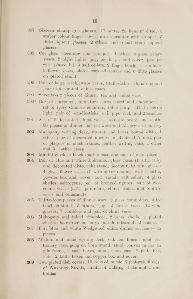 297 298 299 3d0U BOO* B01 302 303 304 306 307 308 15 Sixteen champagne glasses, 17 ports, 25 liqueur ditto, 5 amber colour finger bowls, ditto decanter with stopper, 5 ditto liqueur glasses, 2 others and 5 tall stem liqueur glasses Cut glass decanter and stopper, 1 other, 2 glass celery vases, 2 night lights, jug, pickle jar and cover, jam jar with plated lid, 2 salt cellars, 2 finger bowls, 4 tumblers 3 flower vases, plated cocktail shaker and 6 ditto glasses on plated stand Pair of large crackleware vases, Staffordshire china dog and pair of decorated china vases Seventy-six pieces of dinner, tea and coffee ware Box of chessmen, miniature chess board and chessmen, a set of ivory Chinese counters, table lamp, fitted electric light, pair of candlesticks, oak pipe rack and 2 brushes Set of 8 decorated china vases, roulette board and cloth, 38 pieces of dinner and tea ware and 15 pieces of cutlery Mahogany writing desk, walnut and brass bound ditto, 1 other, pair of decorated mirrors in ebonized frames, pair of plaques in plush frames, leather writing case, 1 other and 38 leather cases Mantel clock in black marble case and pair of side vases Pair of blue and white Bohemian glass vases (1 a.f.), ruby and decorated ditto, cake stand, decanter, 12: wine glasses 4 glass flower vases (1 with silver mount), water bottle, powder box and cover and stand, salt cellar, 4 glass shades, seltzogene, pair of bronzed figures, pair of cloi- sonne vases (a.f.), jardiniere, china basket and 8 ditto _ vases and ornaments Thirty-four pieces of dinner ware, 2 glass compotiers, ditto bowl on stand, 5 others, jug, 2 flower vases, 12 wine glasses, 7 tumblers and pair of china vases Mahogany and inlaid timepiece, 2 brass shells, a plated electric hair drier and onyx marble inkstand—2 bottles Part blue and white Wedgwood china dinner service — 45 pieces Walnut and inlaid writing desk, oak and brass bound sta- tionery case, gong on horn stand, small convex mirror in cilt frame, 2 cash boxes, small show case, 2 plate bas- kets, 2 knife boxes and copper box and cover Two plated dish covers, 16 rolls of music, 7 pictures, 5 vols. of Waverley Novels, bundle of walking sticks and 2 um- brellas