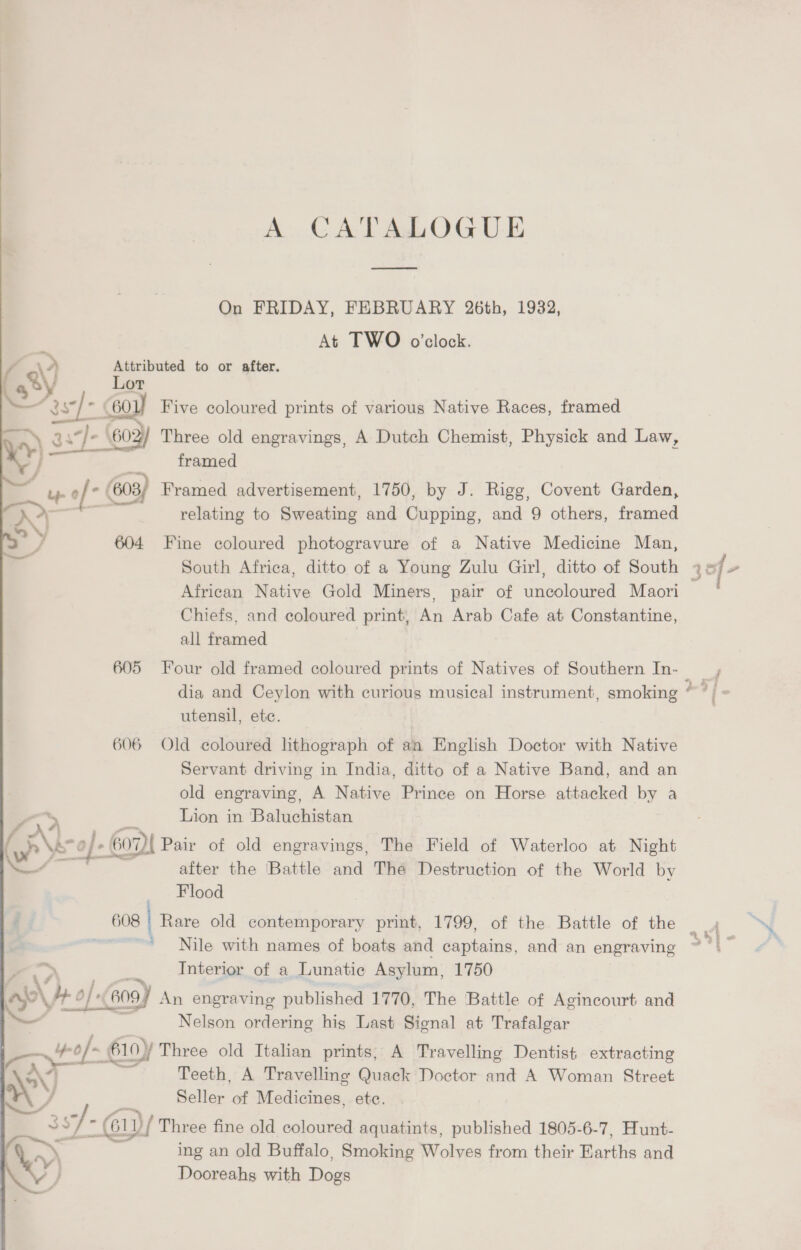 A CATALOGUE On FRIDAY, FEBRUARY 26th, 1932, At TWO o’clock. i 7 a Attributed to or after. AY, Lor ~~ 3s/* (601) Five coloured prints of various Native Races, framed - 60: / Three old engravings, A Dutch Chemist, Physick and Law, . a framed ag of 603) Framed advertisement, 1750, by J. Rigg, Covent Garden, a relating to Sweating and Canes. and 9 others, framed  604 Fine coloured photogravure of a Native Medicine Man, South Africa, ditto of a Young Zulu Girl, ditto of South 3 sf+ African Native Gold Miners, pair of uncoloured Maori * Chiefs, and coloured print, An Arab Cafe at Constantine, all framed 605 Four old framed coloured prints of Natives of Southern In- j dia and Ceylon with curious musical instrument, smoking ‘aad | utensil, ete. 606 Old coloured lithograph of an English Doctor with Native Servant driving in India, ditto of a Native Band, and an old engraving, A Native Prince on Horse attacked by a , se Lion in Baluchistan f oN ‘of : - GOD Pair of old engravings, The Field of Waterloo at Night Se after the Battle and The Destruction of the World by Flood 608 Rare old contemporary print, 1799, of the Battle of the | ' Nile with names of boats and captains, and an engraving Interior of a Lunatic Asylum, 1750 o>, ? Air} TE 809) An engraving published 1770, The Battle of Agincourt and ~~ Nelson ordering his Last Signal at Trafalgar ft: of 610 y Three old Italian prints; A Travelling Dentist extracting =X) Teeth, A Travelling Quack Doctor and A Woman Street we Seller of Medicines, etc. -/ 3s 5 a “Gs Three fine old coloured aquatints, published 1805-6-7, Hunt- - KY) ing an old Buffalo, Smoking Wolves from their Earths and Sf Dooreahs with Doss