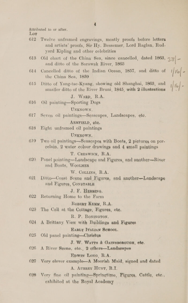 612 613 614 616 OG 618 619 622 623 625 626 627 628 Twelve unframed engravings, mostly proofs before letters and artists’ proofs, Sir Hy, Bessemer, Lord Raglan, Rud- yard Kipling and other celebrities Old chart of the China Sea, since cancelled, dated 1863, 33] oa and ditto of the Sarawak River, 1863 the China Sea, 1859 Ditto of Yang-tse-Kyang, showing old Shanghai, 1863, and | te | ; smaller ditto of the River Bruni, 1845, with 2 illustrations | . / d. Wagp. B.A. Oil painting—Sporting Dogs UNKNOWN. ARMFIELD, etc. Right unframed oil paintings UNKNOWN. Two oil paintings—Seascapes with Boats, 2 pictures on por- celain, 2 water colour drawings and 4 ‘small paintings T. Creswick, R.A. Panel painting—Landscape and Figures, and another—River and Boats, WooLMER | W. Coiuins, R.A. Ditto—Coast Scene and Figures, and another—Landscape and Figures, CONSTABLE J. F, Herrine. Returning Home to the Farm Rospert Kemm, R.A. The Call at the Cottage, Figures, ete. R. P. Bonrineton. A Brittany View with Buildings and Figures Earty I'tanran SeHoot. Old panel painting—Christus J. W. Warts &amp; GarInsBorRouGH, ete. A River Scene, etc., 2 others—Landseapes Epwin Lone, R.A. Very clever example—A Moorish Maid, signed and dated A. Ausprey Hunt, B.T. Very fine oil painting—Springtime, Figures, Cattle, etc., exhibited at the Royal Academy