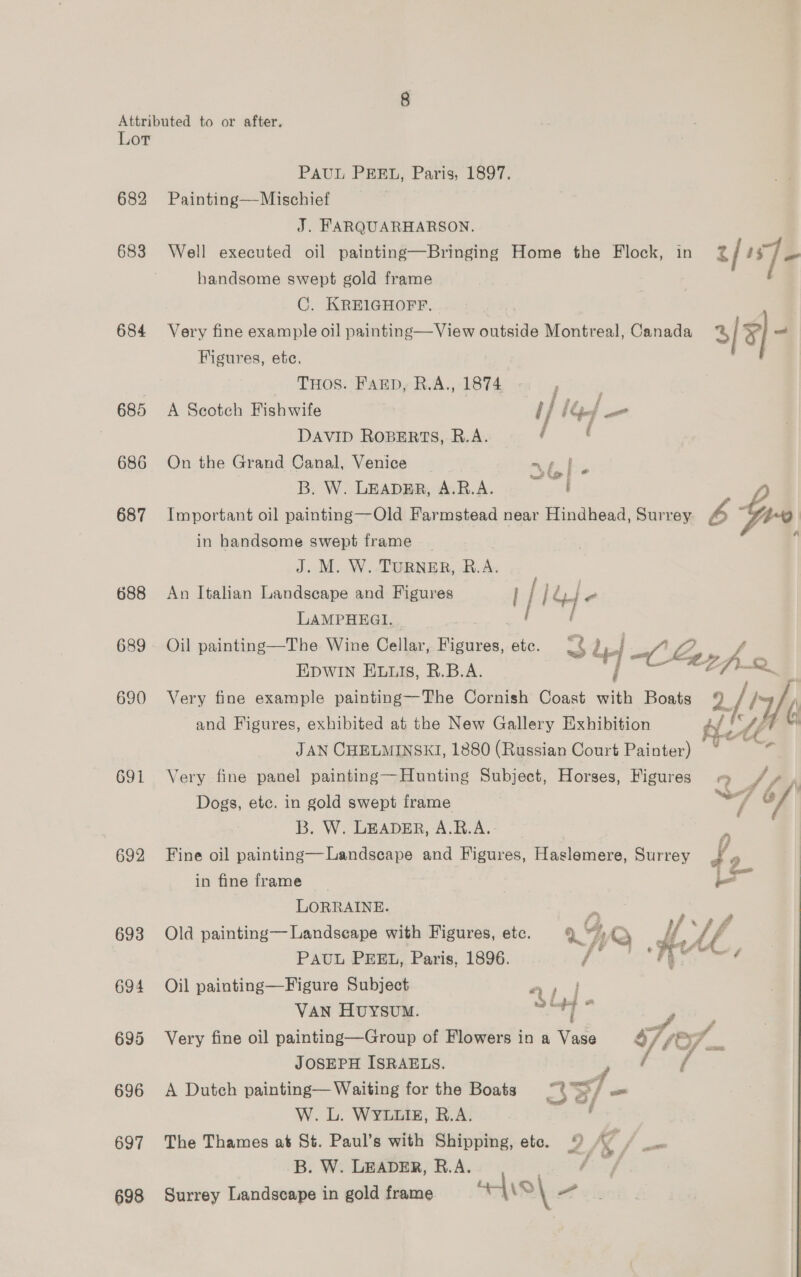 Lot 682 683 684 685 686 687 688 689 690 691 692 693 694 695 696 697 698 PAUL PEEL, Paris, 1897. Painting— Mischief J. FARQUARHARSON. Well executed oil painting—Bringing Home the Flock, in handsome swept gold frame C. KREIGHOFF. Very fine example oil painting—View outside Montreal, Canada Figures, ete, THOS. FAED, R.A., 1874 A Scotch Fishwife ibd .« DAVID ROBERTS, R.A. / t On the Grand Canal, Venice ~ se ft Bow beaeeecdel Aces, Important oil painting—Old Farmstead near Hindhead, Surrey in handsome swept frame | J. M. W. TURNER, R. % An Italian Landscape and Figures | [14+ LAMPHEGI. ' ' Oil painting—The Wine Cellar, Tate ete. a! i EDWIN ELLIS, R.B.A. | | OL, Very fine example painting—The Cornish Coast with Boats and Figures, exhibited at the New Gallery Exhibition JAN CHELMINSKI, 1880 (Russian Court ee Very fine panel painting—Hunting Subject, Horses, Figures Dogs, etc. in gold swept frame B. W. LEADER, A.B.A. 2/157 3/3]- bY. £2 fro iW a # f S76, a Fine oil painting— Landscape and Figures, Haslemere, Surrey ; in fine frame Og LORRAINE. Old painting—Landseape with Figures, etc. v Ae ll z PAUL PERL, Paris, 1896. a1 is Oil painting—Figure Subject aa Van Huysvum. Sort - 4 Very fine oil painting—Group of Flowers in a Vase TiO. Fa JOSEPH ISRAELS. y ; A Dutch painting— Waiting for the Boats | Sf _ W. L. WYLLIE, R.A. | The Thames at St. Paul’s with Shipping, ete. 3K VF asia B. W. LEADER, R.A. 3 Sas Surrey Landscape in gold frame fio\ ~