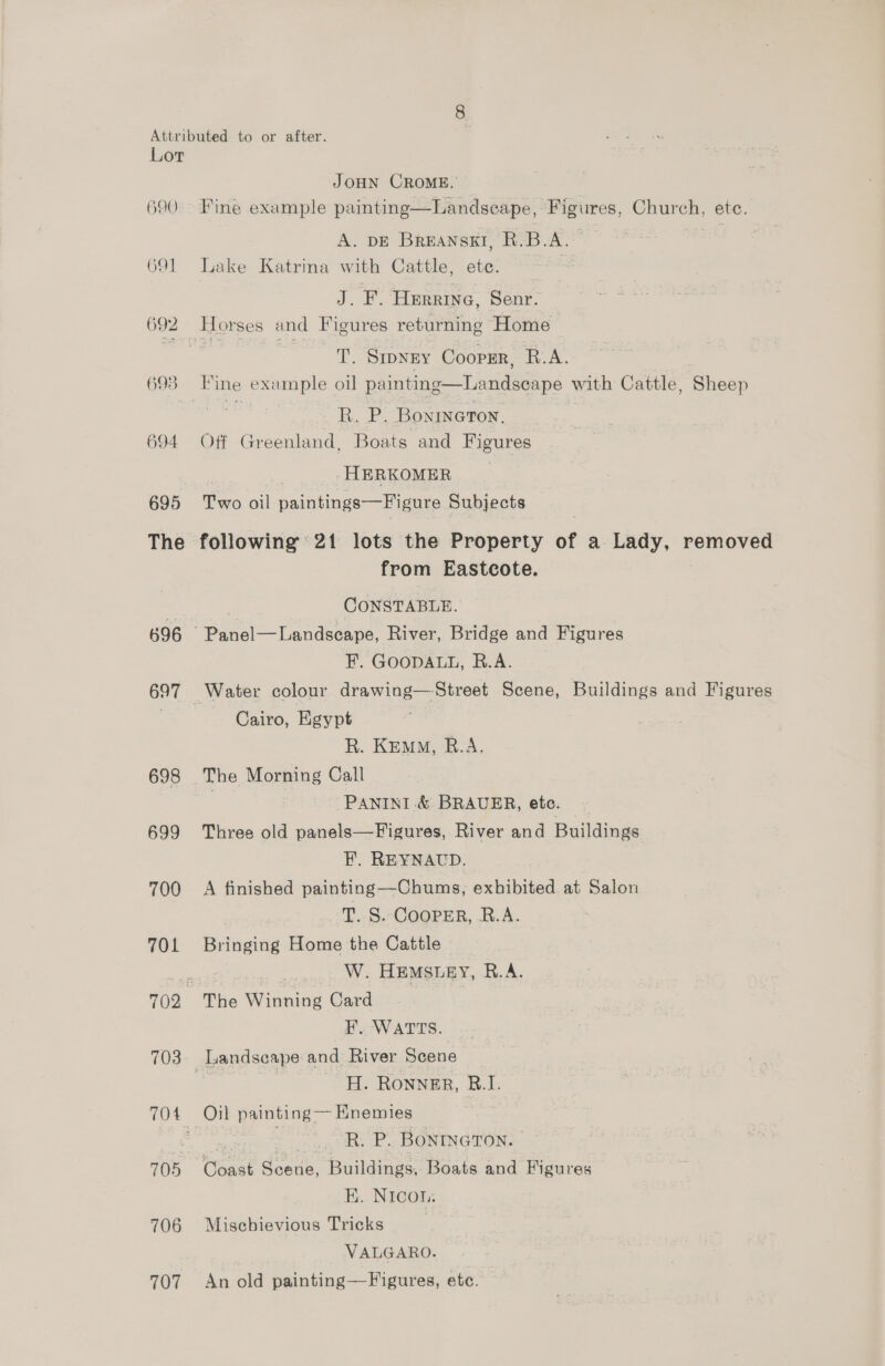 690 691 692 693 694 695 The 696 697 698 699 700 701 703 JOHN CROME. Fine example painting—Landseape, Figures, Church, ete. A. DE BreansgI, R.B.A.~ } Lake Katrina with Cattle, ete. J. F. Herriva, Senr. T. Srpyey Coopsr, R.A. RiP. BonrneTon, Off Greenland, Boats and Figures Ly, -HERKOMER Two oil paintings—Figure Subjects from Eastcote. CONSTABLE. F. GOODALL, R.A. Cairo, Egypt R. Kem, B.A. PANINI.&amp; BRAUER, ete. - Three old panels—Figures, River and Buildings FH. REYNAUD. A finished painting—-Chums, exhibited at Salon 'T. §.. Cooper, R.A. Bringing Home the Cattle | W. HEMSLEY, R.A. The Winning Card EF. WATTS. H. RonNER, B.I. * | R. P. BONINGTON. Coast Scene, Buildings, Boats and Figures K. NIcom. Miscbievious Tricks | VALGARO. An old painting—Figures, ete.