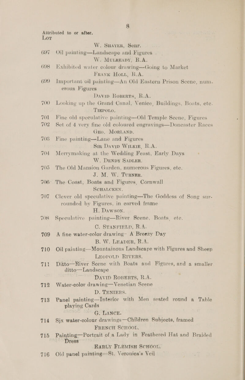 Lot 697 698 TOO 701 702 708 7TO4 705 T0686 TOT TO8 709 710 (ae 712 713 714 716 W. SuHAvER, Senr. Landscape and Figures . W. MuLREADY, R.A. Iixhibited water colour drawing—Going to Market Frank Hou, R.A. Important oil painting—An Old Eastern Prison Scene, num- erous Figures Davip Roperts, R.A. Looking up the Grand Canal, Venice, Buildings, Boats, ete. TIEPOLO. Fine old speculative painting—Old Temple Scene, Figures Set of 4 very fine old coloured engravings—Doneaster Races GEO. MoRLAND. Fine painting—Lane and Figures Sir Davin Wiig, R.A. Merrymaking at the Wedding Feast, Early Days W. Denby SADLER. The Old Mansion Garden, numerous Figures, ete. J. M. W. Turner. The Coast, Boats and Figures, Cornwall SCHALCKEN. Clever old speculative paintng—The Goddess of Song sur- rounded by Figures, in carved frame H. Dawson. Speculative painting—River Scene, Boats, etc.  Oil painting C. STANFIELD, K.A. A fine water-color drawing- A Breezy Day B. W. LEADER, R.A. Oil painting—Mountainous Landscape with Figures and Sheep LEOPOLD RIVERS. | Ditto—River Scene with Boats and Figures, and a smaller ditto— Landscape gtig ceca yt David RopeErts, R.A. Water-color drawing— Venetian Scene D. TENIERS. Panel painting—Interior with Men seated round a Table playing Cards pieiaaais € 96 0)-5. (0308 Sjx water-colour drawings—Children Subjects, framed FRENCH SCHOOL. Painting—Portrait of a Lady in Feathered Hat and Braided ~~ Dress ~ | -BARLY FLEMISH ScHOOT. Old panel painting+-St, Veronica’s Veil