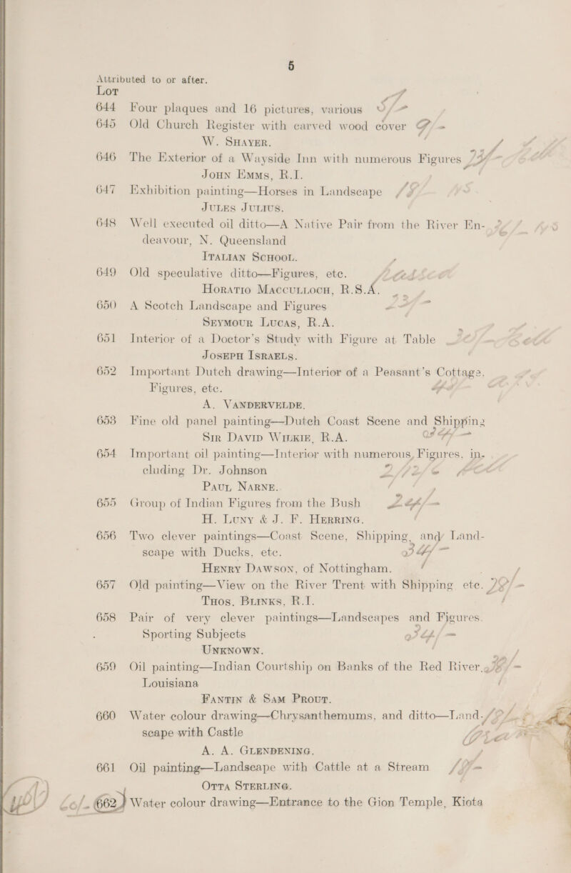 644 645 650 651 659  - - ‘ Four plaques and 16 pictures, various ~/ Old Church Register with carved wood cover G : “ @ The Exterior of a Wayside Inn with numerous Figures Joun Emus, R.1. Exhibition painting—Horses in Landscape JULES JULIUS. Well executed oil ditto—A Native Pair from the River En- deavour, N. Queensland ITALIAN SCHOOL. , Old speculative ditto—Figures, ete. fitted Horatio Maccutiocn, R.8.A. A Seotch Landscape and Figures ~ SrYMour Lucas, R.A. Interior of a Doetor’s Studv with Figure at Table JosEPH ISRAELS. Important Dutch drawing—Interior of a Peasant’s Cottaga, Figures, ete. ip A. VANDERVELDE. Fine old panel painting—Dutch Coast Seene and Piipping Sr Davip Winxiz, R.A. A ame Important oil painting—Interior with numerous, ee in- *” # cluding Dr. Johnson Z/lefe Paurt NARNE. ‘ . : 7 Group of Indian Figures from the Bush gn Sof a H. Luyy &amp; J. F. Herrine. Two clever paintings—Coast Scene, cee = Land- scape with Ducks, ete. IL Henry Dawson, of Nottingham. / . Tuos. Buixs, R.I. Pair of very clever paintings—Landseapes and Figures. Sporting Subjects ep/— UNKNOWN. Fantixn &amp; Sam Provr. Water colour drawing—Chrysanthemums, and ditto—Land scape with Castle Le . A. A. GLENDENING. , Oil painting—Landseape with Cattle at a Stream Ms Y ae OTTA STERLING. » 2a