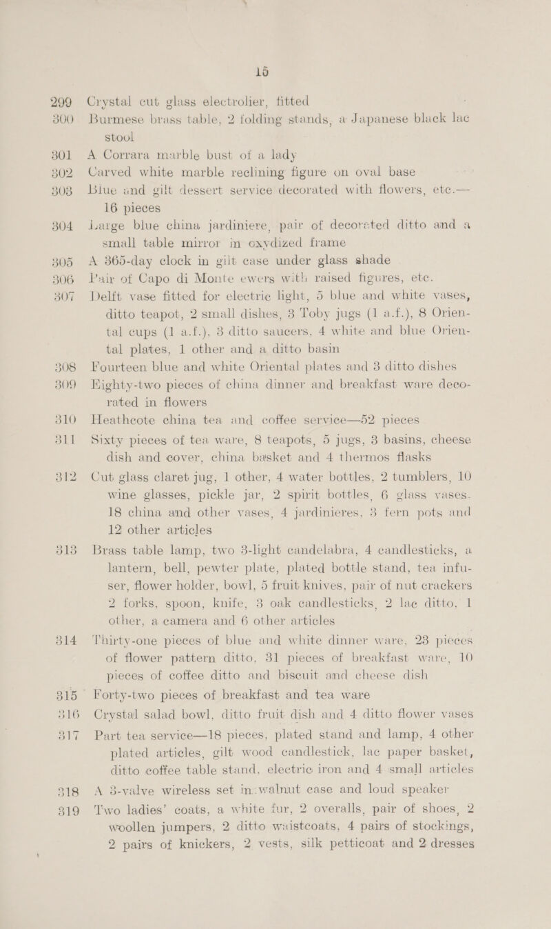 299 300 304 305 BOG B07 308 B09 SLO S11 312 314 315 DAG C19 — ~ 16 Crystal cut glass electrolier, fitted Burmese brass table, 2 folding stands, a Japanese black lac stool A Corrara marble bust of a lady Carved white marble reclining figure on oval base LBiue and gilt dessert service decorated with flowers, ete.— 16 pieces Large blue china jardiniere, pair of decorated ditto and a small table mirror in oxvdized frame A 365-day clock in gilt case under glass shade Pair of Capo di Monte ewerg with raised figures, ete. Delft vase fitted for electric light, 5 blue and white vases, ditto teapot, 2 small dishes, 8 Toby jugs (1 a.f.), 8 Orien- tal cups (1 a.f.), 8 ditto saucers, 4 white and blue Oren- tal plates, 1 other and a ditto basin Fourteen blue and white Oriental plates and 8 ditto dishes Kighty-two pieces of china dinner and breakfast ware deco- rated in flowers Heathcote china tea and coffee service—52 pieces Sixty pieces of tea ware, 8 teapots, 5 jugs, 3 basins, cheese dish and cover, china basket and 4 thermos flasks Cut glass claret jug, 1 other, 4 water bottles, 2 tumblers, 10 wine glasses, pickle jar, 2 spirit bottles, 6 glass vases. 18 china and other vases, 4 jardinieres, 3 fern pots and 12 other articles Brass table lamp, two 3-light candelabra, 4 candlesticks, a lantern, bell, pewter plate, plated bottle stand, tea infu- ser, flower holder, bowl, 5 fruit knives, pair of nut crackers 2 forks, spoon, knife, 3 oak candlesticks, 2 lae ditto, 1 other, a camera and 6 other articles Thirty-one pieces of blue and white dinner ware, 23 pieces of flower pattern ditto, 31 pieces of breakfast ware, 10 pieces of coffee ditto and biseuit and cheese dish Forty-two pieces of breakfast and tea ware Crystal salad bowl, ditto fruit dish and 4 ditto flower vases Part tea service—18 pieces, plated stand and lamp, 4 other plated articles, gilt wood candlestick, lac paper basket, ditto coffee table stand, electric iron and 4 small articles A 3-valve wireless set in: walnut case and loud speaker woollen jumpers, 2 ditto waistcoats, 4 pairs of stockings, 2 pairs of knickers, 2 vests, silk petticoat and 2 dresses Two ladies’ coats, a white fur, 2 overalls, pair of shoes, 2