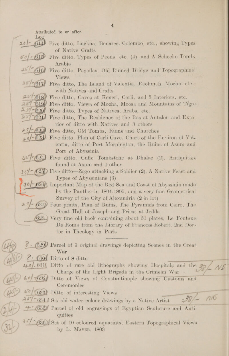 Lor 2ol- cig Five ditto, Luckna, Benares, Colombo, ete., showing Types of Native Crafts Five ditto, Types of Peons, etc. (4), and A Schecko Tomb. Arabia Five ditto, Pagodas, Old Ruined Bridge and Tdhogvamete z Views — sail “Cll Five ditto, The Island of Valentia, Raechmah, Mocha, etc.. with Natives and Crafts | i Five ditto, Caves at Keneri, Carli, and 3 Interiors, etc. oe) Five ditto, Views of Mocha, Moosa and Mountains of Tigre Fy Five ditto, Types of Natives, Arabs, etc. Five ditto, The Residence of the Ras at Antalou and Exte- rior of ditto with Natives and 3 others ¥ Five ditto, Old Tombs, Ruins and Churches Five ditto, Plan of Carli Cave, Chart of the Environ of Val- entia, ditto of Port Mornington, the Ruins of Asum and Port of Abyssinia : Five ditto, Cufie Tombstone at Dhalac (2), Antiquities found at Asum and 1 other oe - (2) Five ditto—Zogo attacking a Soldier (2), A Native Feast and Types of Abyssinians (3) 26) Important Map of the Red Sea and Coast of Abyssinia made ie by the Panther in 1804-1805, and a very fine Geometrical , Survey of the City of Alexandria (2 in lot) a¢f- €2i) Four prints, Plan of Ruins, The Pyramids from Cairo, The eesti = Great Hall of Joseph and Priest. at Jedda \ __628.) Very fine old book containing about 50 plates, Le Fontane ences oz De Roma from the Library of Francois Robert, 2nd Doc- tor in Theology in Paris       7% wy ee ™ oe] LPO) £ - (629) Parcel of 9 original drawings depicting Scenes in the Great LEX? ; IY ~—_ War 1) ed . es 63 304 Ditto of 8 ditto   “y- 4.0}. 6 631, Ditto of rare old lithographs showing Hospitals and the 39 7 NV aia Charge of the Light Brigade in the Crimean War ~ ie iti é ef 63 2) Ditto of Views of Constantinople showing Customs and =~ pee AER Ceremonies Czy, 6/633) Ditto of interesting Views —— , es 467 634 { Six old water colour drawings by a Native Artist fe A = WN . Hn } ee 635¥ Parcel of old engravings of Egyptian Sculpture. and. hai ud i od quities . he 636, 2! Set of 10 coloured aquatints, Eastern Topographical Views ww by L. Mayr, 18038