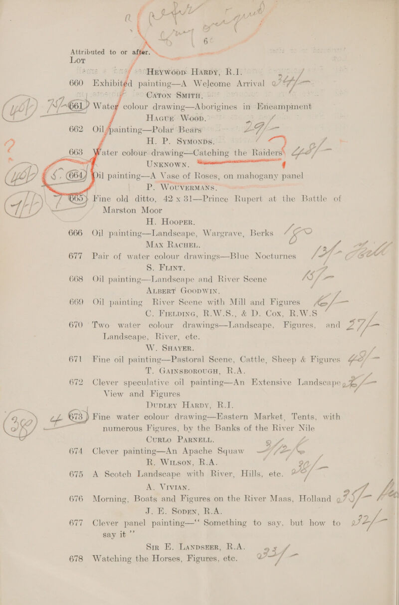  Q é Ae Cy ~ A) A / t \ \ a othe ( 2 Attributed to or after. ) ss als Lor al fe ‘¢ «° Apywoop: Harpy; R.I:      ; “4 Loon ff 4 660. - Exhibited painting—A Welcome Arrival et eet Fa ab: * = Oxton Siri. . 7s A 661 Wate colour drawing—Aborigines in Encampment ime —— | ES | Hactre. Woop. of 662 Oil*painting—Polar Bears ~~ eo Uy fae 4, y H. P. Symonpbs. - - j Pree aa ; LA Sf Vater colour drawing Catching the’ Raiders’ LL / a é j — UNKNOWN. q / YO * &amp; ey Jil painting—A Vase of Roses, on mahogany panel fo P. Wotvurmans. ; &amp;, / L) ; > Fine old. ditto, 42x 381—Prince Rupert at the Battle of we per TN e Memeo See, \eo le Marston Moor H. Hooper. . J Pe 666 Oil paintinge—Landseape, Wargrave, Berks x Y  Max RAcHEL. ja Fg YZ | ; a f Yo SS Phe fe 677 Pair of water colour drawings—Blue Nocturnes /</~ ( @™ j / S. Fit. goof ws : are i: TS Fo 668 Oil painting—Landseape and River Scene AO f 7 ALBERT GOODWIN, 669 Oil painting River Scene with Mill and Figures 6/- “ai . Co hifepineG. Row... &amp; 1D.-Cox, Baws 670 -Two: water colour draine =F meen Figures, and 2 p- Landscape, River, etc. W. SHAYER. sao 671 Fine oil painting—Pastoral Scene, Cattle, Sheep &amp; Figures Yes one T. GarnsporouGH, R.A. as 672 Clever speculative oil painting—An Extensive Landseape pA /— View and Figures DupitEy Harpy, BI. 2 ot “L @) Fine water colour drawing—Eastern Market, Tents, with IX/ —. numerous Figures, by the Banks of the River - me i CurLo PARNELL. oP aa 674 Clever painting—An Apache Squaw —“/2-/e R. Wiuson, B.A. a é 90 vy 675 A Scotch Landscape with River, Hills, ete. es | A. VIVIAN. 676 Morning, Boats and Figures on the River Maas, Holl and ¢ 7 pp J. K. Sopen, R.A. 677 Clever panel paintinge—‘‘ Something to say, but how to J2/- say it ”’ Sir E. Lanpsesr, R.A. 23 678 Watching the Horses, Figures, ete. SE 4a
