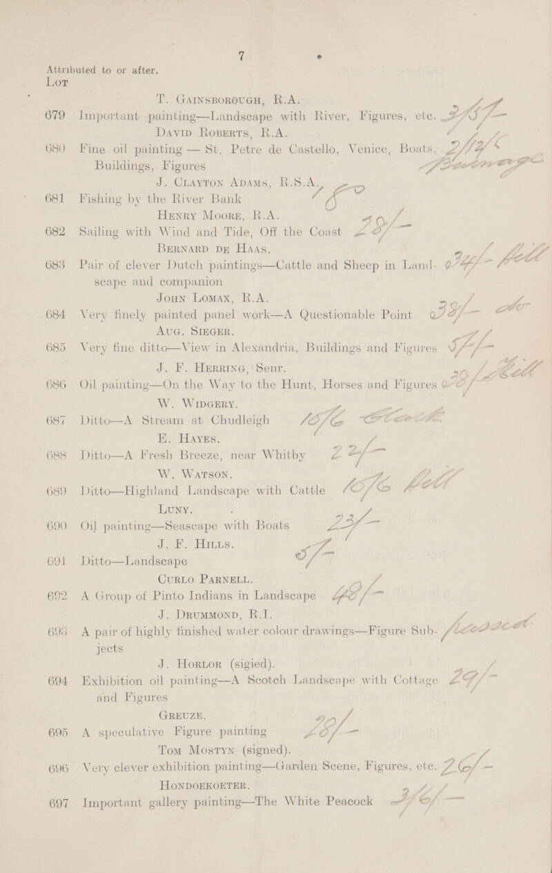 679 O80 684 689 686 687 O88 689 690 691 694 696 697 T. GarysporouGcH, R.A. aS A ’ ; 2 = » Sag Important -painting—Landseape with River, Figures, ete. 270 /- Davin Roperts, R.A. Rae < : . e ; . - : = //9/ Fine oil painting — St. Petre de Castello, Venice, Boats, .</ /F . es : Of oo Lt Buildings, Figures fo ACCES fr J. CuayTon Apams, R.S a vent ty ay ar A Fishing by the River Bank Henry Moors, R.A ‘ ee cits : \ nn Sailing with Wind and Tide, Of the Coast £ 7 3 ry 4 : ff i BERNARD DE Haas. | 9s4f fee Pair of clever Dutch paintings—Cattle and Sheep in Land- @Y/~ “~~ scape and companion 7 r ) iJ JouHNn Lomax, R.A. 20/ sata Very finely painted panel work—A Questionable Point @/“¢/-—~ © AuG. SIEGER. gf ; ‘ ate : A - ; Sa fas ff Very fine ditto—View in Alexandria, Buildings and Figures Jy “fp J. F. Herrina, 'Senr. / Ket at a Ca ro &amp; Oil painting—On the Way to the Hunt, Horses and Figures e« W. Wipc_Ery. Py =a Ditto—A Stream at Chudleigh 4O, ‘Gp Crtece Hi. Hayes. ‘ sh Ditto—A Fresh Breeze, near Whitby i ge. ( W. Watson. —, Lif. P ; F - -, Aig? iS Lg b Ditto—Highland Landscape with Cattle /““/e A Luny cy ANS ee i te Oil painting—Seascape with Boats ae ek EELS. is rie a toe oo og Ditto—Landscape ff CuRLO PARNELL. | 2 , } 4 4 y f A Group of Pinto Indians in Landscape fo / “i J. Drummonp, B.I. ; A pair of highly finished water colour drawings—Figure Sub- f° OPPO jects J. Horwor (sigied). inal Exhibition oil painting—A Scotch Landscape with Cottage g and Figures | GREUZE. a v4 A speculative Figure painting , an yr Tom Mostyn (signed). 4 Very clever exhibition painting—Garden Scene, Figures, ete. 2G/- HONDOEKOETER. oe Important gallery painting—The White Peacock e/ @/