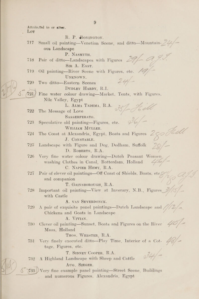 \ _ R. P. BonincTon. ous Landscape P. NASMYTH. Sir A. Hast. 719 Oil painting—River Scene with Figures, ete. AG, UNKNOWN, ‘ 720 Two ditto—Hastern Scenes é Duptry Harpy, R.1. Nile Valley, Egypt L. Atma Tapema, R.A. SASSERFERATO. WILLIAM MULLER. >) ~\, J. CONSTABLE. by too is D. Roperts, R.A. a A C. Naprer Hemy, R.A. and companion T. GainsporouGH, R.A. with Castle A. VAN SEVERDONCK. pair of exquisite panel paintings—Dutch Landscape and Chickens and Goats in Landscape A. VIVIAN. Maas, Holland THos. Wesster, R.A. 732 A tage, Figures, ete. T. Srpnry Coopsr, R.A. a Highland Landscape with Sheep and Cattle J. AuG, SIEGER. (f00 y and numerous Figures, Alexandria, Egypt