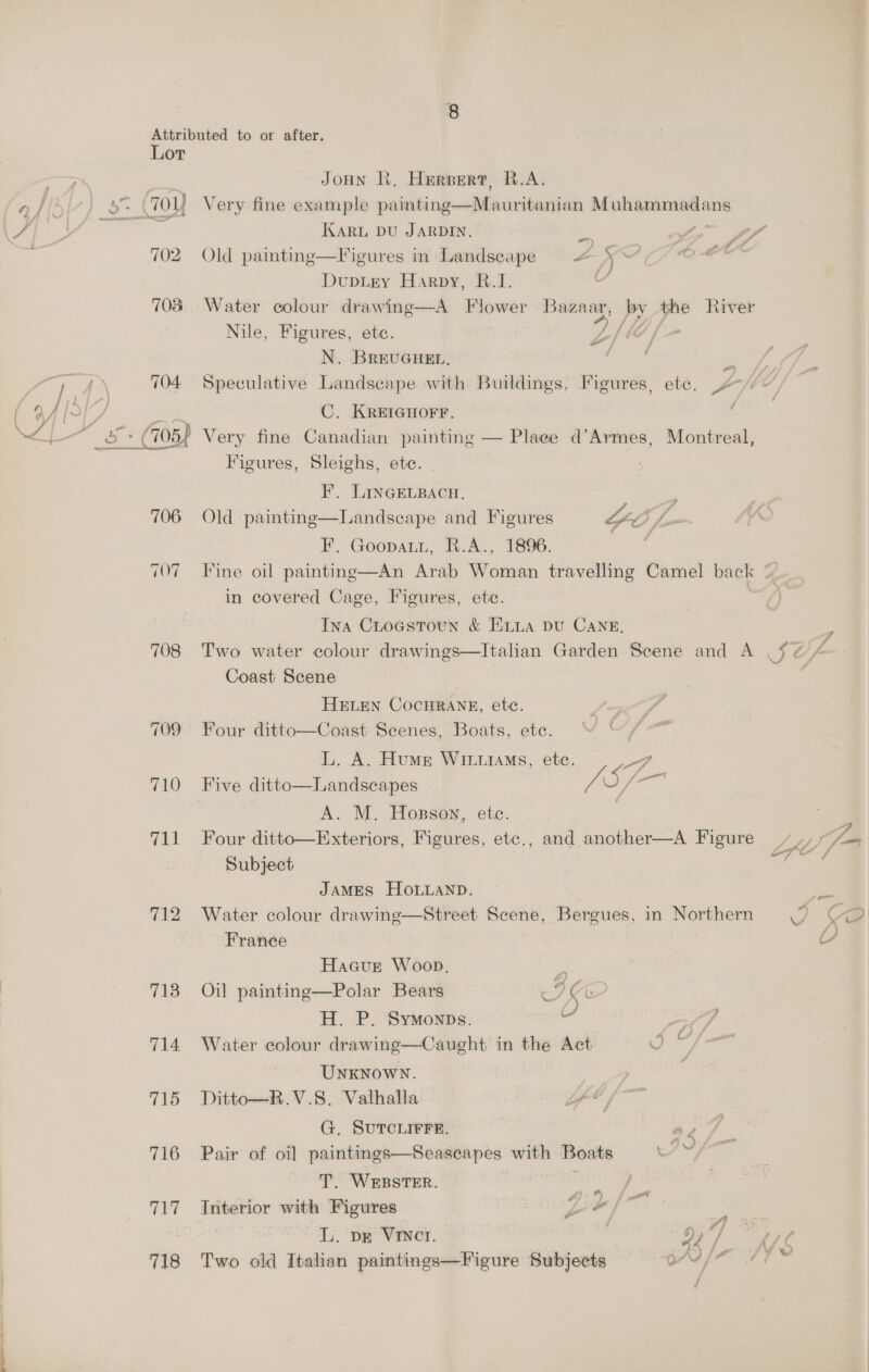 Attributed to or after. Lor av ‘ vw ° Pre 4 JoHN Ki, Herpert, R.A. 70U Very fine example painting—Mauritanian Muhammadans | KARL DU JARDIN. 702 Old painting—Figures in Landscape rs G Dupiey Harpy, fR..1. 7038 Water colour drawing . 2 . S y, er \ a i ; o una % et é&amp; al  A Flower Bazaar, by the River Nile, Figures, ete. Z/le /- N. BreUGHEL, li 704 Speculative Landscape with Buildings, Figures, ete. 4-/7~ Alo) aot C. KREIGHOFF. / ‘— _&amp;: (105) Very fine Canadian painting — Plaee d’Armes, Montreal, Figures, Sleighs, ete. F. LINGELBACH. 706 Old painting—Landseape and Figures F, Goopauu, R.A., 1896. | ee 707 Fine oil painting—An Arab Woman travelling Camel back in covered Cage, Figures, ete. ‘Ina Crocstoun &amp; Eis DU CANE, 708 Two water colour drawings—Italian Garden Scene and A Coast Scene HELEN CocHRANR, ete. ‘ 709 Four ditto—Coast Scenes, Boats, ete. “~ ‘ L. A. Hume WiuiaMs, ete. a 710 Five ditto—Landscapes VA Sf A. M. Hogson, etc. 7 711 Four ditto—Exteriors, Figures, etc., and another—A Figure 4.) Subject _ JAMES HOLLAND. > 712 Water colour drawing—Street Scene, Bergues, in Northern SF France v HaGuse Woop, x 713 Oil painting—Polar Bears Ix H. P. Symonps. v 7 714 Water colour drawing—Caught in the Act ec 4 UNKNOWN. 715 Ditto—R.V.8. Valhalla G. SUTCLIFFE. 716 Pair of oil paintings—Seascapes with Boats T. WEBSTER. 717 Interior with Figures : L. pr VrINct. . 718 Two old Italian paintings—Figure Subjects