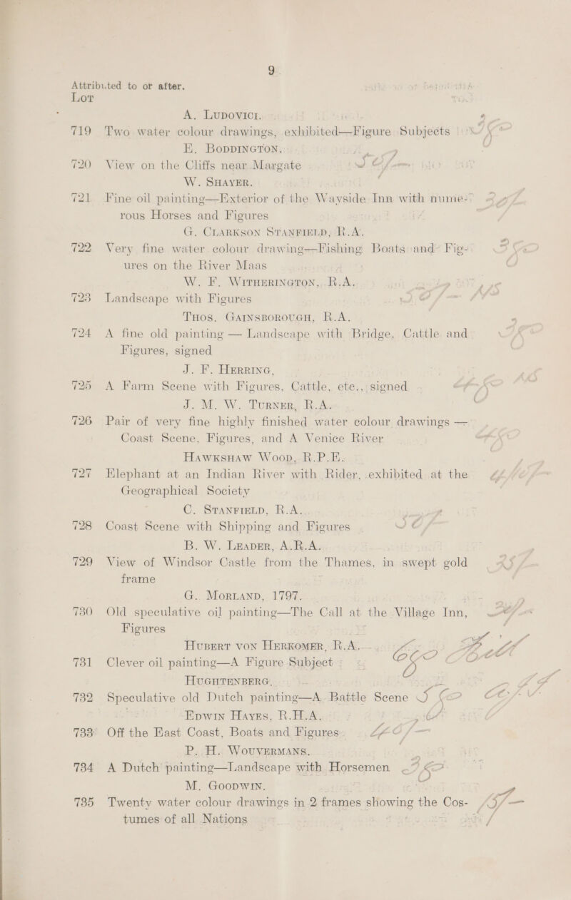 19 ~ bo ( ~I bo on 729 730 733° 734 A. Lupovict. Two water colour drawings, ex EK. BoppincTon.  View on the Cliffs near Margate ws) W. SHAYER. rous ae and Figures . CLARKSON STANFIELD; -R.A. ures on the River Maas W. F. Wirnerineton,,.R.A. Landscape with Figures THos. GaAINsBorouGH, R.A. A fine old painting — Landscape with Bridge, Cattle and Figures, signed J. F. Herring, A Farm Scene with Figures, Cattle, ete., signed J. M. W. Turner, R.A. Pair of very fine highly finished water colour. drawings — Coast Scene, Figures, and A Venice River HawxsHaw Woop,-R.P.E.: Elephant at an Indian River with Rider, exhibited at the Geographical Society C. STANFIELD, R.A. bert Coast Scene with Shipping and Figures IOS B. W. Leapepr,-Ai BA. View of Windsor Castle from the Thames, in swept gold frame H G. Moruann, 1797. Old speculative oil painting—The Call at the Village Inn, Figures : 20% HuBert von HERKOMER, ees HE pee Clever oil painting—A Figure Subject = = aS oat HUGHTENBERG,..-. Se old Dutch paadine sk: Battle Scene J Epwin Hayss, R.H.A..< Oi Li Off the East Coast, Boats and Figures Lf P. H. WovuvERMANS. | A Dutch painting—Landscape with Horsemen . i &amp; a M. Goopw. | ‘a tumes of all Nations | : “ze