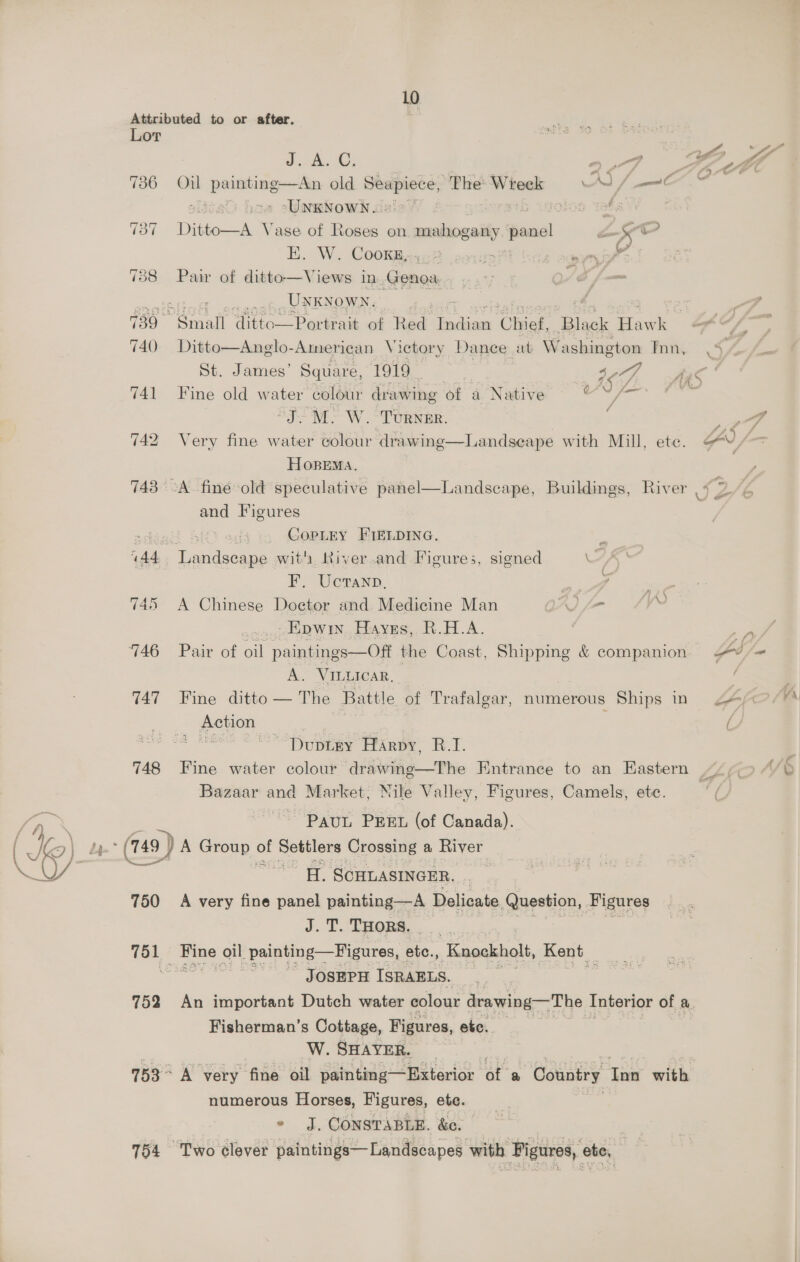 Attributed to or after. Lor athe to Ad Bed é | 736 Oil painting —An da —* “The: Wreck Aad lee oe hd ‘UNKNOWN. doo wha | ¢ 737 Dikjes v ase of Noses on mahogany pane! Z % =) Hi. We COOK Raa® carits — Y 738 Pair of ditto—Views in Genoa 7 _UNKNOWN.  739° Small ‘ditto—Portrait of Red edison Chief, Sui ae | 740 Ditto—Anglo-Ameriean Victory Dance at W ashington Inn, < \ St. James’ Square, 1919 _ 4-7 Aux 741 Fine old water colour drawing of a Native . is) ara hie “JM. W. Torner. ; = gig 742 Very fine water colour drawing—Landseape with Mill, ete. 4&amp;V/- Hopema. | 743 2A fine old speculative panel and Figures : £ Bi ag CoPpLEY FIELDING. . “44 Landscape wit Niver.and Figures, signed 7, F, Uctann, ) 749 A Chinese Doctor and Medicine Man VAS [7 -Epwiy. Hayes, R.H.A. 746 Pair of a paintings—Off the Coast, Shipping &amp; companion gd - A. VILLICAR, 747 Fine ditto — The Battle of Trafalgar, numerous Ships in Ze; Action — : l A ~ Duptey Harpy, B.1. 748 Fine water colour drawing—The Entrance to an Eastern | Bazaar and 4 farket. Mile Valley, Figures, Camels, ete. k  Landscape, Buildings, River 4 2/¢ PAUL PEEL (of Canada). H. SCHLASINGER. 750 A very fine panel painting—A olneteiseenee ae J. Cone... outt : 751 Fine eu painting—Figures, ete. Knockholt, Kent | be Josep ISRAELS. 752 An important Dutch water colour drawing—The Interior of a Fisherman’s Cottage, Figures, ete, W. SHAYER. | 753° A very fine oil painting—Exterior a ® Country ‘ta with numerous Horses, Figures, ete. ° J. CONSTABLE. &amp;e. 754 Two clever paintings—Landscapes with Figures, ete, =