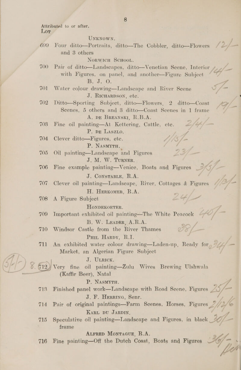 Lor UNKNOWN. 699 Four ditto—Portraits, ditto—The Cobbler, ditto—Flowers and 8 others NORWICH SCHOOL. 700 Pair of ditto—Landscapes, ditto—Venetian Scene, Interior », . 7 _ with Figures, on panel, and another—Figure Subject . ID. 35 O. o 701 Water colour drawing—Landsecape and River Scene v J. RicHARDSON, ete. 702 Ditto—Sporting Subject, ditto—Flowers, 2 ditto—Coast ag Seenes, 5 otherg and 8 ditto—Coast Scenes in 1 frame A. DE BREANSEI, R.B.A. 703. Fine oil painting—At Kettering, Cattle, ete. A/F P. pe Lasz1o. , | 704 Clever ditto—Figures, etc. P. NASMYTH. Landseape and Figures J. M. W. Turner. 706 Fine example painting—Venice, Boats and Figures a.  705 Oil painting J. CONSTABLE, R.A. 707 Clever oil painting—Landscape, River, Cottages &amp; Figures H. Herxomer, R.A. 708 A Figure Subject HONDEKOETER. 709 Important exhibited oil painting—The White Peacock B, W. Leaver, A.R.A. 710 Windsor Castle from the River Thames Pra, Harpy, Fi. 711 An exhibited water colour drawing—Laden-up, Ready for 4ji— Market, an Algerian Figure Subject , es J. ULRICK. (12) Very fine oil painting—Zulu Wives Brewing Ulshwala ate (Kaffir Beer), Natal ? P. NASMYTH. f   , 718 Finished panel work—Landscape with Road Scene, Figures “, J. F. Herrina, Senr. | 714 Pair of original paintings—Farm Scenes, Horses, Figures ° 7/2) © fr 4 \ / Jf Kari DU JARDIN, , a 715 Speculative oil painting—Landscape and Figures, in black 7@7/ frame ALFRED MontaGuE, R.A. ee 716 Fine painting—Off the Dutch Coast, Boats and Figures 6 / aa \ | IZZ, ‘ “a a