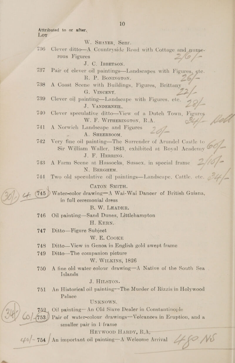 730 737 138 739 740 741 742 743 744, A } ? po ee ISS 746 747 748 749 750 751 2 Finis (i : An } Vay ~— W. SHAyer, Senr. Clever ditto—A Ccuntryside Read with Cottage and nume- rous Figures a/o /- J. C. IBBETSON. | Pair of clever oil paintings—Landscapes with Figures, is R. P. Boninerton. Zo/- A Coast Scene with Buildings, Figures, Brittany G. VINCENT. ZF Clever oil painting—Landscape with Figures, ete. A f J. VANDERNEIL. 2? Clever speculative ditto—View of a Dutch Town, W. F. Witserineton, R.A. A Norwich Landscape and Figures A. SHEERBOOM., Very fine oil painting—The Surrender of Ar undel Castle to Sir William Waller, J. F. Herrine. A Farm Scene at Hassocks, Sussex, in special frame N. BERGHEM. Two old speculative oil paintings—Landscape, Catt! ee Figures a e, ete. CATON SMITH. Water-color drawing—A Wai-Wai Dancer of British Guiana, in full ceremonial dress B. W. LEADER. Oil painting—Sand Dunes, Littlehampton H. KERN. Ditto—Figure Subject W. E. COOKE Ditto— View in Genoa in English gold eps frame Ditto—The companion picture W. WILKINS, 1826 A fine old water-colour drawing—A Native of the South Sea Islands J. HILSTON. An Historical oil painting--The Murder of Rizzis in Holywood Palace UNKNOWN. _ Oil painting—- An Old Slave Dealer in Constantinople smaller pair in 1 frame HEYWooD Harpy, R,A;