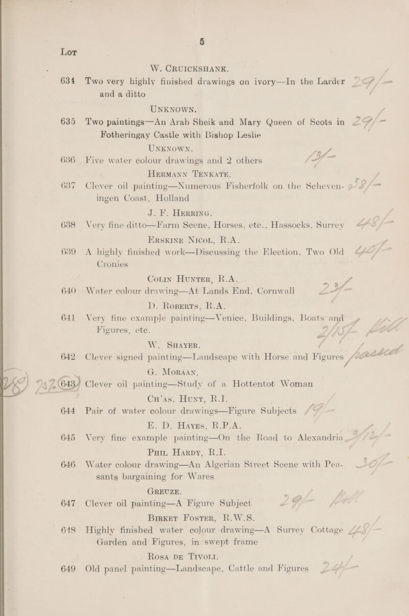634 638 639 640 641 645 646 647 648 649 W. CRUICKSHANK. Two very highly finished drawings on ivory—lIn the Larder and a ditto UNKNOWN. Two paintings—An Arab Sheik and Mary Queen of Scots in Fotheringay Castle with Bishop Leslie UNKNOWN, ae, Five water colour drawings and 2 others Ta Va HERMANN TENKATE. Clever oil painting—Numerous Fisherfolk on the Scheven- ingen Coast, Holland J. F. HERRING. Very fine ditto—Farm Scene, Horses, etc., Hassocks, Surrey ERSKINE Nicou, R.A. A highly finished work—Discussing the Election, Two Old Cronies Cotin Hunrer, R.A. . Water colour drawing—At Lands End, Cornwall La D. Roperts, R.A. Very fine example painting—Venice, Buildings, Boats and Figures, ete. tp,e) W. SHAYER. G. Moraay, Clever oil painting—Study of a Hottentot Woman Cu’as. Hunt, -B.I. Pair of water colour drawings—Figure Subjects Be D, Ebaves, ROP A. Very fine example painting—On the Road to Alexandria Pui, Harpy, 1.1. Water colour drawing—An Algerian Street Scene with Pea- sants bargaining for Wares GREUZE. Clever oil painting—A Figure Subject BrrKeEt Foster, R.W.S. ghly finished water colour drawing—A Surrey Cottage Garden and Figures, in swept frame Mi Rosa DE TIVOLI. Old panel painting—Landscape, Cattle and Figures