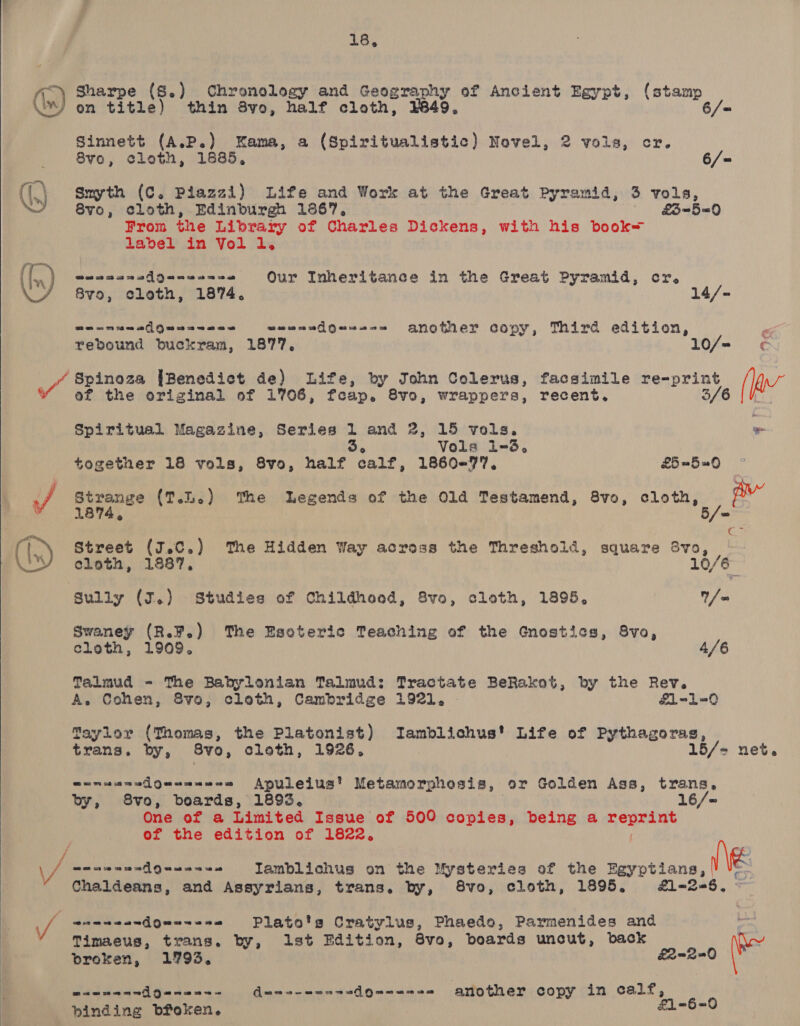   18, (,.) Sharpe (S.) Chronology and Geogra, et #4, of Ancient Egypt, (stamp WY on title) thin 8vo, half cloth, 6 Sinnett (A.P.) Kama, a (Spiritualistic) Novel, 2 vols, cr. 8vo, cloth, 1885, 6/= (i) Smyth (C. Piazzi) Life and Work at the Great Pyramid, 3 vols, \ Byo, cloth, Edinburgh 1867, £3 ~-5=d From the Library of Charles Dickens, with his book= Lavel in VYol l. cnanansdgenss==e Qur Inheritance in the Great Pyramid, cr. 8B8vo, cloth, 1874, 14/-  was sc rae of] A) aos ee aa a 20 20 v0 C4) a2 na 22 2 os another Copy , Third edition, / ee rebound buckram, 1877, 10/= ¢ _/ Spinoza {Benedict de) Life, by John Colerus, facsimile re-print (lav of the original of 1706, fcap. 8vo, wrappers, recent. 3/6 | ir Spiritual Magazine, Series 1 and 2, 15 vols. a 36 Vols 1-3, together 18 vols, 8vo, half calf, 1860-77, £5 ~5 =O if rapa’ (T.L.) The Legends of the Old Testamend, 8vo, cloth, aw  18 5 e ae Street (J.C.) The Hidden Way across the Threshold, square 8v0, »\EY cloth, 1887. : 10/6 Sully (J.) Studies of Childhood, 8vo, cloth, 1895, / = Swaney (R.F.) The Esoteric Teaching of the Gnostics, Svo, cloth, 1909. 4/6 Talmud - The Babylonian Talmud: Tractate BeRakot, by the Rev. A. Cohen, 8vo, cloth, Cambridge 1921, . &amp;1-1=0 Taylor (Thomas, the Platonist) JIamblichus' Life of Pythagoras, trans. by, 8vo, cloth, 1926. 15/=- net. eonnanedgeanan-= Apuleius' Metamorphosis, or Golden Ass, trans. by, 8vo, boards, 1893, 16/&lt; One of a Limited Issue of 500 copies, being a reprint of the edition of 1822, \/ cataetoded 21 Qa ee Jamblichus on the Mysteries of the RE: “ Chaldeans, and Assyrians, trans. by, 8vo, cloth, 1895, 1-2-6, Veh waeneanGQun=--= Plato's Cratylus, Phaedo, Parmenides and pane Timaeus, trans. by, lst Edition, 8vo, boards uncut, back vroken, 1793, &amp;2-2=0 maemann{Qenene- dann----== do--&lt;-- - another copy in calf, binding bfoken. £1-6=0