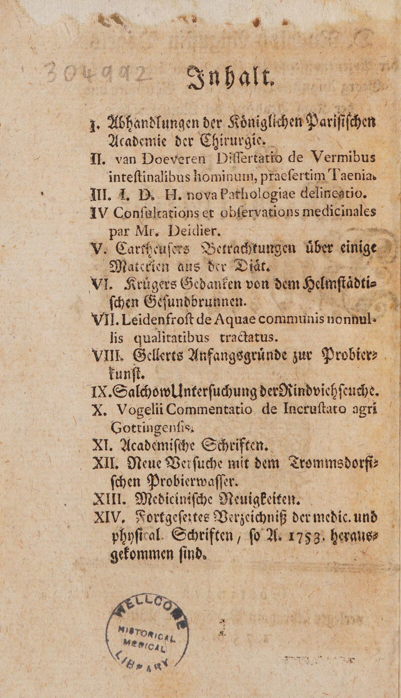 2 ar 3 3 % 8 N x n # In alt, 7 2 8590 . 5 / ER . 1 ’ ; = 1 ca 5 3 f 3 5 5 8 Ko 1. Abhandlungen der Sb rl ſchen = Academie der Chirurgie. 5 II. van Doeveren Differtario de er ; inteftinal ibus hominum, pfaefertim Taenia. III. J. D. H. nova Pathologiae delineatio. f IV n et obfervations medicinales par Mr. Deidier. V. Carttzeuſers Betrachtungen über einige Matckien aus der Diaͤ. VI. Krügers Gedanken von den Halnſtadt⸗ 1 ſchen Geſundbrunnen. we. re | VII. Leidenfroft de Aquae communis An . lis qualitatibus tractatus. 55 VIII. Gellerts Ahfangsgeces bur Probier A| kunſt. Te: SalchowUlnterſuchung der NKindvichfeuche. | ö X. Vogelii Commentatio de Incruftato agri Gottingenſis. | Kl; Academiſche Schriften. XII. Neue Verſuche mit dem Trommsdorfi: ſchen Probierwaſſer. XIII. Mediciniſche Neuigkeiten. XIV. Fortgeſeites Verzeichniß der medic. und phyſical. Schriften, ſo A. 1788 98 See ind. TEN t eros, Mepıcy, An 181