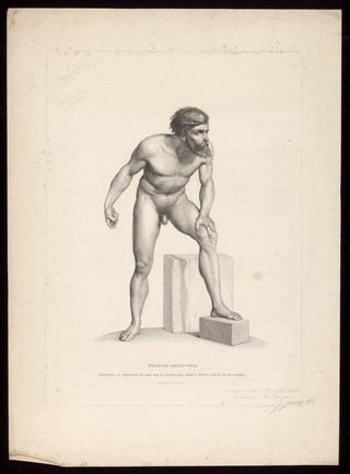 A naked bearded man steps forward, holding the handle of a spear in his right hand. Engraving by J.-P.-M. Soumy, 1854.