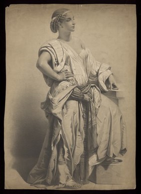 A young woman standing. Lithograph attributed to B.-R. Julien, 18--.