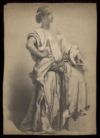 A young woman standing. Lithograph attributed to B.-R. Julien, 18--.