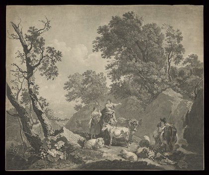 A woman riding side-saddle on a mule converses with a woman encountered among flocks grazing on a mountain pass. Aquatint and etching after N. Berchem.