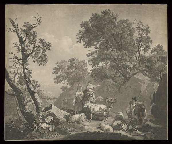 A woman riding side-saddle on a mule converses with a woman encountered among flocks grazing on a mountain pass. Aquatint and etching after N. Berchem.