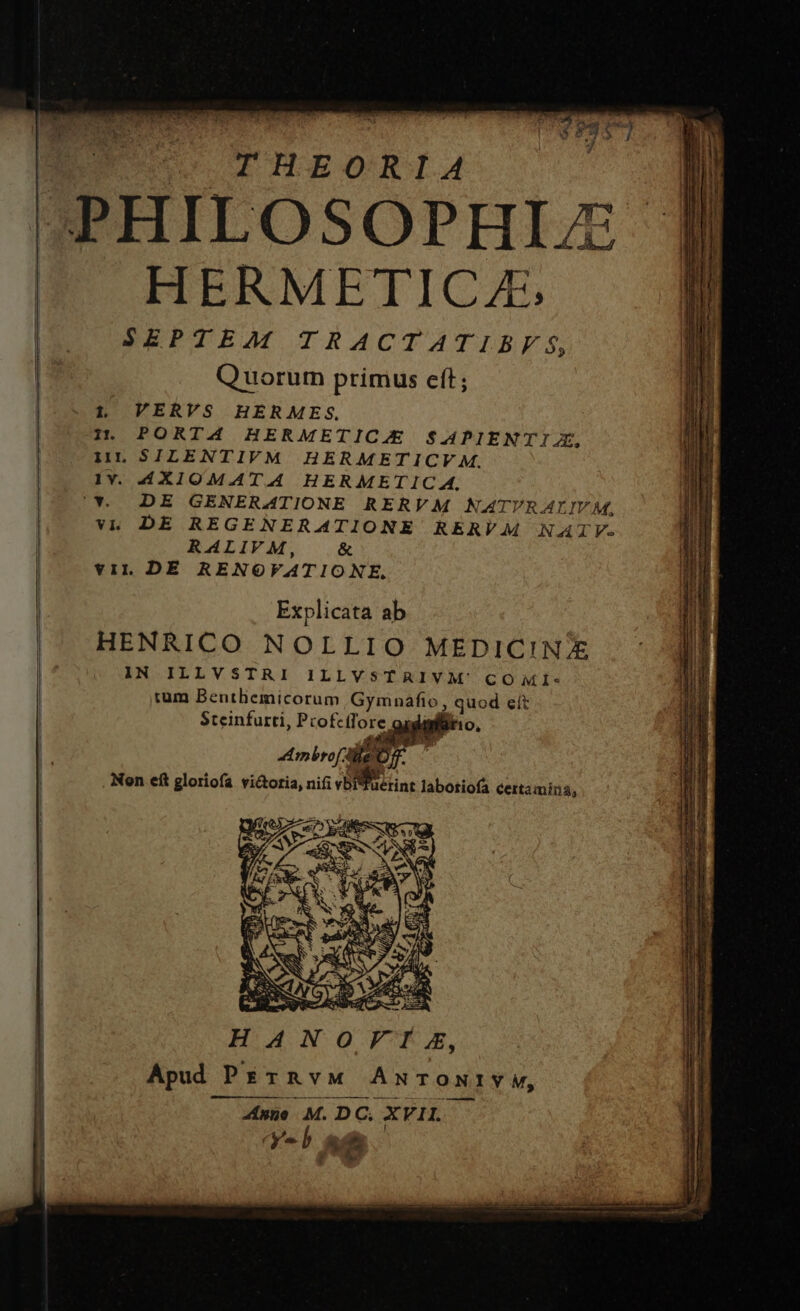 AERA A r3 $ 7; »* i / ITIHEORIA HERMETICZ;, SEPTEAM TRACTATIBVF S, Q uorum primus eft; 1, VERVS HERMES. 1. PORTA HERMETICAE $APIENTIJ, ur SILENTIVM HERMETICV M. ]Y. 4XIOMATA HERMETIC A. vi. DE REGENERATIONE RERVM NATVFV. RALIVM, &amp; vil DE RENOVATIONE,. Explicata ab HENRICO NOLLIO MEDICINJE IN ILLVSTRI ILLVSTRIVM COMI: ium Benthemicorum Gymnafio, quod eít Steinfurti, Pcofcílore. 10, Ambro AOT. ; * . - * ; M i Li * 7 . Nen eít gloriofa victoria, nifi vBiiuctint labotiofa certamina, o3 D Werkes ^ Wa S HANOVFIGXE, Apud PErRvM AmwroNIYVW, FM MÀ—À———— M 4sne M. DC, XEH.O. Y. b 4. a