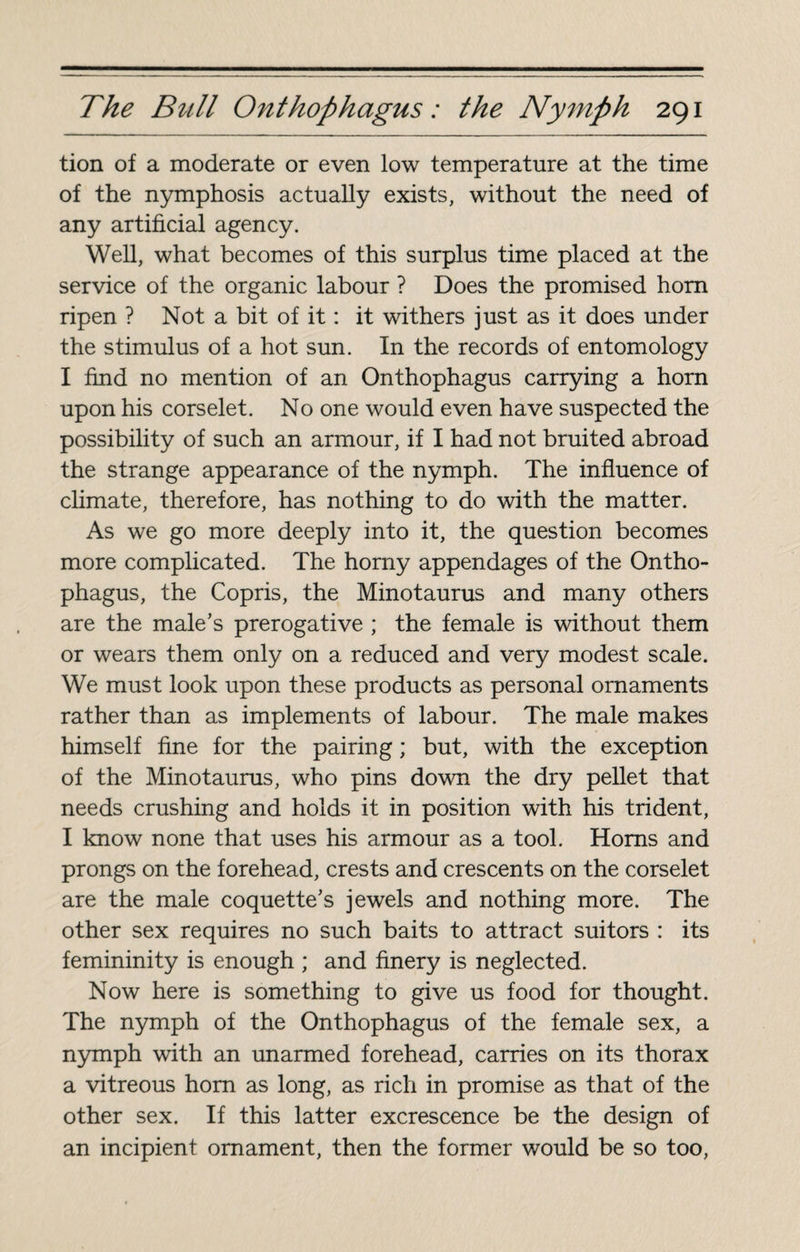 tion of a moderate or even low temperature at the time of the nymphosis actually exists, without the need of any artificial agency. Well, what becomes of this surplus time placed at the service of the organic labour ? Does the promised horn ripen ? Not a bit of it : it withers just as it does under the stimulus of a hot sun. In the records of entomology I find no mention of an Onthophagus carrying a horn upon his corselet. No one would even have suspected the possibility of such an armour, if I had not bruited abroad the strange appearance of the nymph. The influence of climate, therefore, has nothing to do with the matter. As we go more deeply into it, the question becomes more complicated. The horny appendages of the Ontho¬ phagus, the Copris, the Minotaurus and many others are the male’s prerogative ; the female is without them or wears them only on a reduced and very modest scale. We must look upon these products as personal ornaments rather than as implements of labour. The male makes himself fine for the pairing ; but, with the exception of the Minotaurus, who pins down the dry pellet that needs crushing and holds it in position with his trident, I know none that uses his armour as a tool. Homs and prongs on the forehead, crests and crescents on the corselet are the male coquette’s jewels and nothing more. The other sex requires no such baits to attract suitors : its femininity is enough ; and finery is neglected. Now here is something to give us food for thought. The nymph of the Onthophagus of the female sex, a nymph with an unarmed forehead, carries on its thorax a vitreous horn as long, as rich in promise as that of the other sex. If this latter excrescence be the design of an incipient ornament, then the former would be so too,
