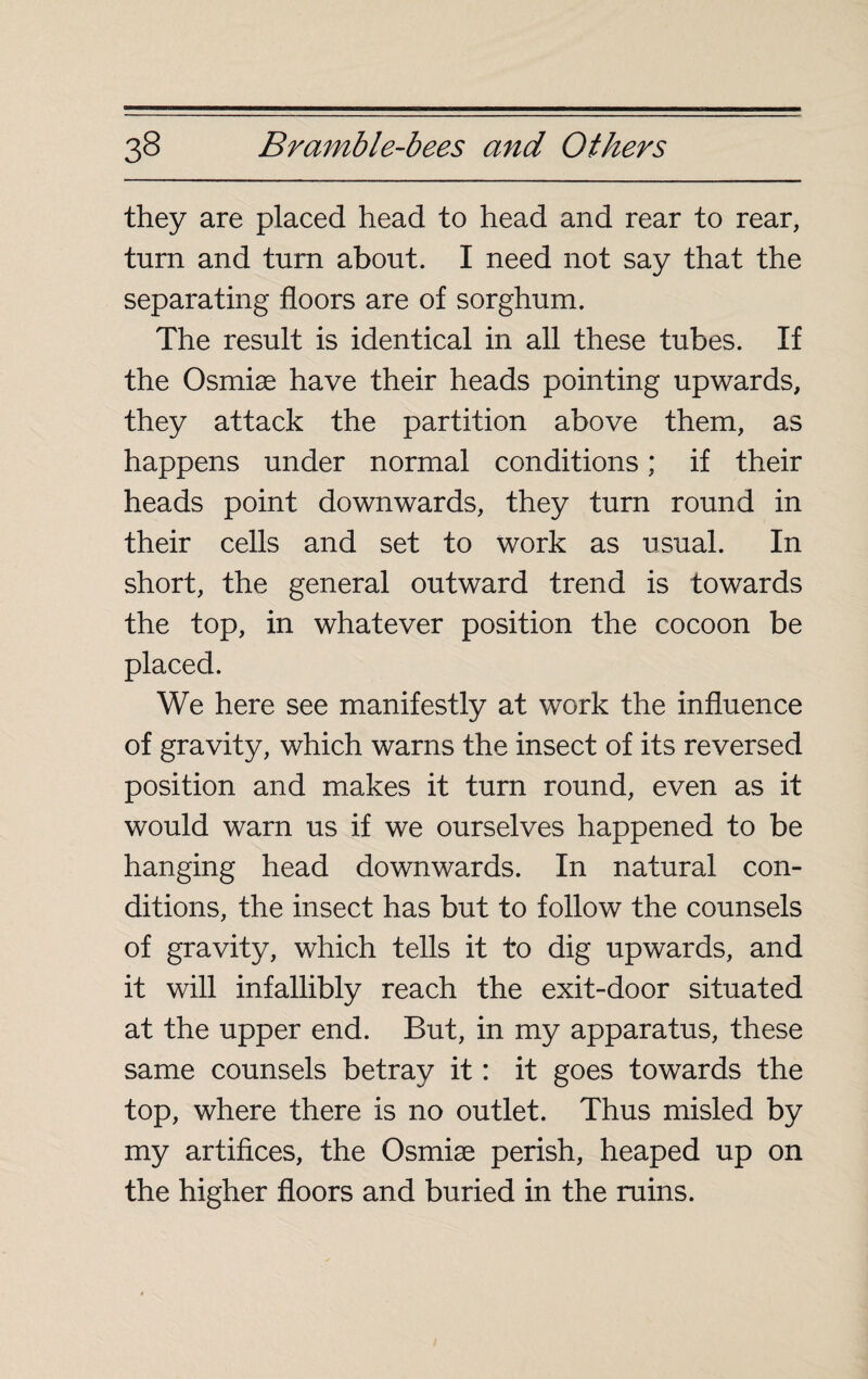 they are placed head to head and rear to rear, turn and turn about. I need not say that the separating floors are of sorghum. The result is identical in all these tubes. If the Osmiæ have their heads pointing upwards, they attack the partition above them, as happens under normal conditions ; if their heads point downwards, they turn round in their cells and set to work as usual. In short, the general outward trend is towards the top, in whatever position the cocoon be placed. We here see manifestly at work the influence of gravity, which warns the insect of its reversed position and makes it turn round, even as it would warn us if we ourselves happened to be hanging head downwards. In natural con¬ ditions, the insect has but to follow the counsels of gravity, which tells it to dig upwards, and it will infallibly reach the exit-door situated at the upper end. But, in my apparatus, these same counsels betray it : it goes towards the top, where there is no outlet. Thus misled by my artifices, the Osmiæ perish, heaped up on the higher floors and buried in the ruins.