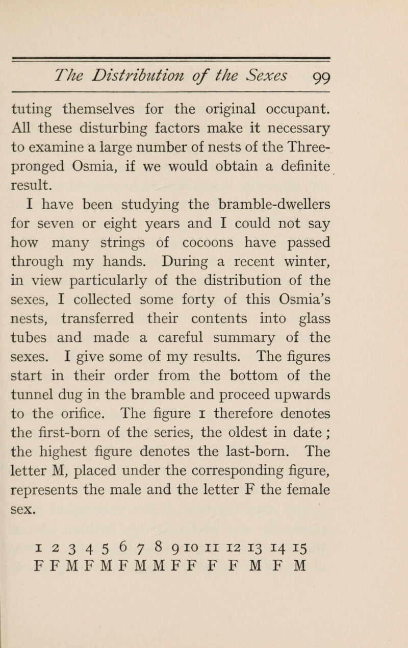 tuting themselves for the original occupant. All these disturbing factors make it necessary to examine a large number of nests of the Three¬ pronged Osmia, if we would obtain a definite result. I have been studying the bramble-dwellers for seven or eight years and I could not say how many strings of cocoons have passed through my hands. During a recent winter, in view particularly of the distribution of the sexes, I collected some forty of this Osmia’s nests, transferred their contents into glass tubes and made a careful summary of the sexes. I give some of my results. The figures start in their order from the bottom of the tunnel dug in the bramble and proceed upwards to the orifice. The figure 1 therefore denotes the first-born of the series, the oldest in date ; the highest figure denotes the last-born. The letter M, placed under the corresponding figure, represents the male and the letter F the female sex. 1 2 3 4 5 6 7 8 9 10 11 12 13 14 15 FFMFMFMMFF F F M F M