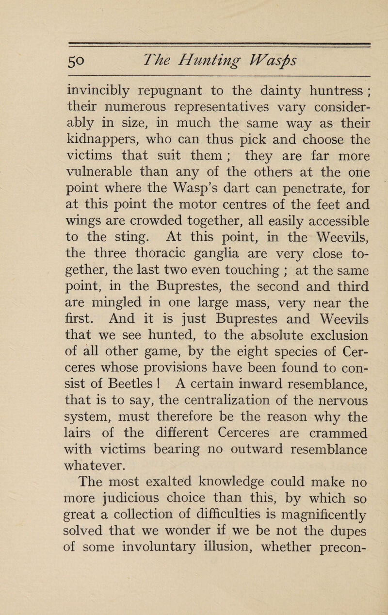 invincibly repugnant to the dainty huntress ; their numerous representatives vary consider¬ ably in size, in much the same way as their kidnappers, who can thus pick and choose the victims that suit them ; they are far more vulnerable than any of the others at the one point where the Wasp’s dart can penetrate, for at this point the motor centres of the feet and wings are crowded together, all easily accessible to the sting. At this point, in the Weevils, the three thoracic ganglia are very close to¬ gether, the last two even touching ; at the same point, in the Buprestes, the second and third are mingled in one large mass, very near the first. And it is just Buprestes and Weevils that we see hunted, to the absolute exclusion of all other game, by the eight species of Cer- ceres whose provisions have been found to con¬ sist of Beetles ! A certain inward resemblance, that is to say, the centralization of the nervous system, must therefore be the reason why the lairs of the different Cerceres are crammed with victims bearing no outward resemblance whatever. The most exalted knowledge could make no more judicious choice than this, by which so great a collection of difficulties is magnificently solved that we wonder if we be not the dupes of some involuntary illusion, whether precon-