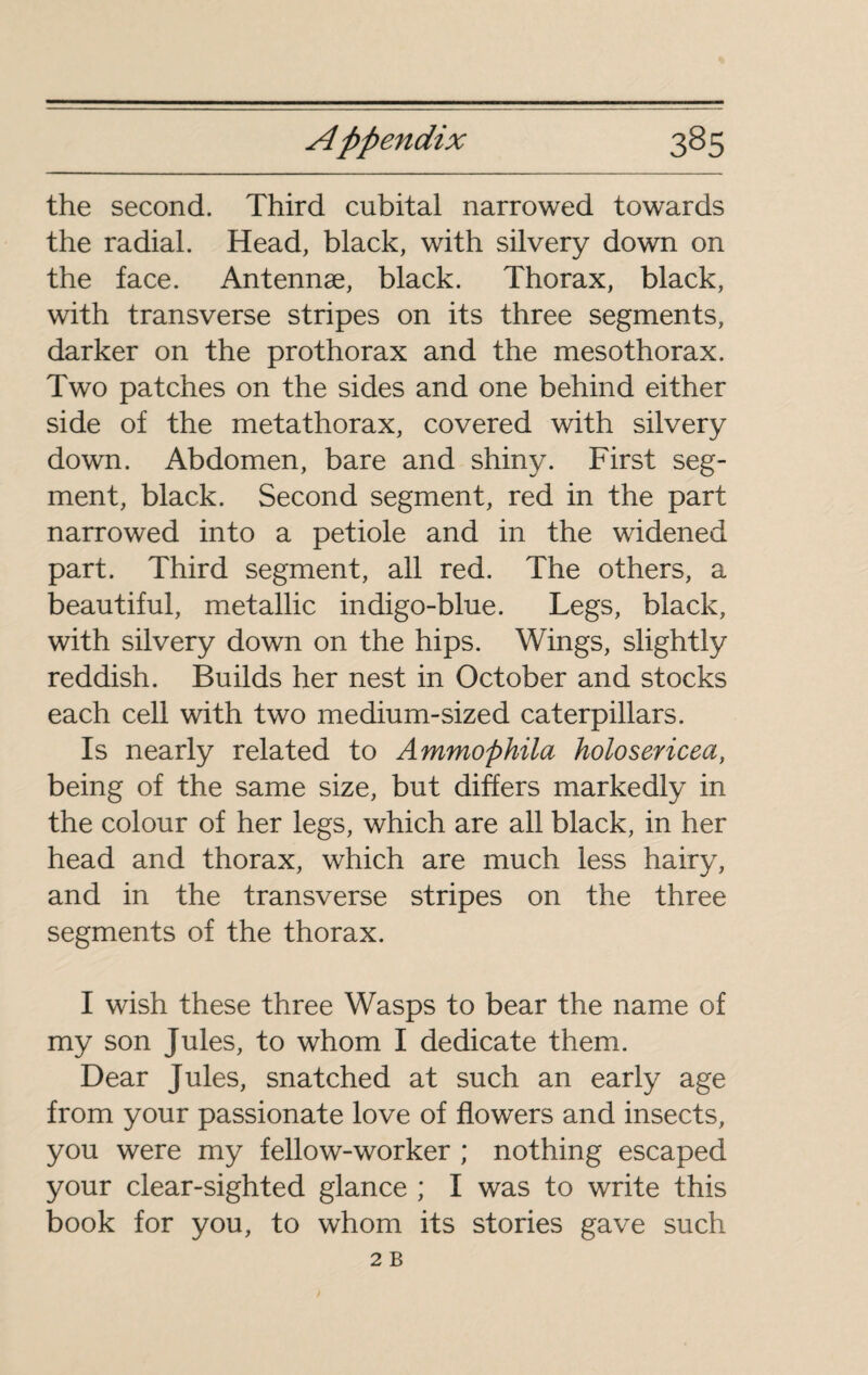 the second. Third cubital narrowed towards the radial. Head, black, with silvery down on the face. Antennæ, black. Thorax, black, with transverse stripes on its three segments, darker on the prothorax and the mesothorax. Two patches on the sides and one behind either side of the metathorax, covered with silvery down. Abdomen, bare and shiny. First seg¬ ment, black. Second segment, red in the part narrowed into a petiole and in the widened part. Third segment, all red. The others, a beautiful, metallic indigo-blue. Legs, black, with silvery down on the hips. Wings, slightly reddish. Builds her nest in October and stocks each cell with two medium-sized caterpillars. Is nearly related to Ammophila holosericea, being of the same size, but differs markedly in the colour of her legs, which are all black, in her head and thorax, which are much less hairy, and in the transverse stripes on the three segments of the thorax. I wish these three Wasps to bear the name of my son Jules, to whom I dedicate them. Dear Jules, snatched at such an early age from your passionate love of flowers and insects, you were my fellow-worker ; nothing escaped your clear-sighted glance ; I was to write this book for you, to whom its stories gave such