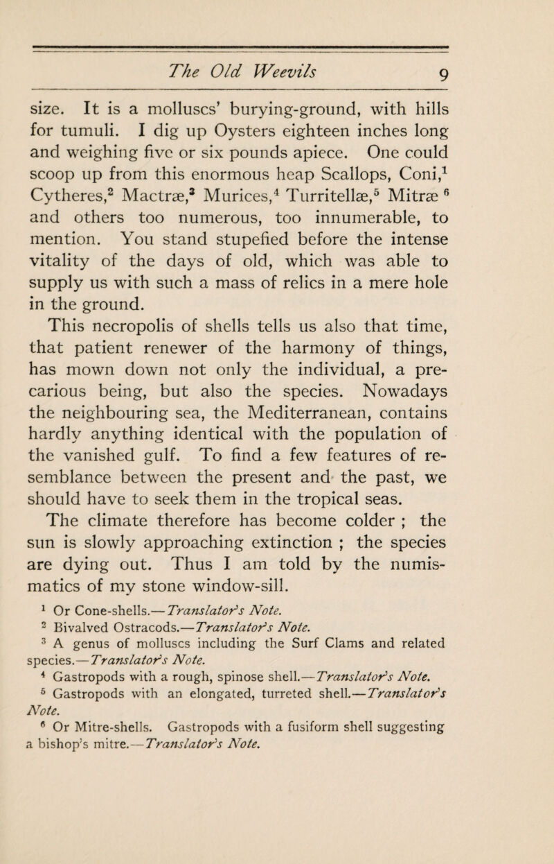 size. It is a molluscs’ burying-ground, with hills for tumuli. I dig up Oysters eighteen inches long and weighing five or six pounds apiece. One could scoop up from this enormous heap Scallops, Coni,^ Cytheres,^ Mactræ,^ Murices,^ Turritellæ,^ Mitræ ^ and others too numerous, too innumerable, to mention. You stand stupefied before the intense vitality of the days of old, which was able to supply us with such a mass of relics in a mere hole in the ground. This necropolis of shells tells us also that time, that patient renewer of the harmony of things, has mown down not only the individual, a pre¬ carious being, but also the species. Nowadays the neighbouring sea, the Mediterranean, contains hardly anything identical with the population of the vanished gulf. To find a few features of re¬ semblance between the present and* the past, we should have to seek them in the tropical seas. The climate therefore has become colder ; the sun is slowly approaching extinction ; the species are dying out. Thus I am told by the numis¬ matics of my stone window-sill. ^ Or Cone-shells.— Translator^s Note. ^ Bivalved Ostracods.—Translator's Note. ^ A genus of molluscs including the Surf Clams and related species.—Translator's Note. ^ Gastropods with a rough, spinose shell.—Translateras Note. ^ Gastropods with an elongated, turreted shell.—Translator's Note. * Or Mitre-shells. Gastropods with a fusiform shell suggesting a bishop’s mitre.—Translateras Note.