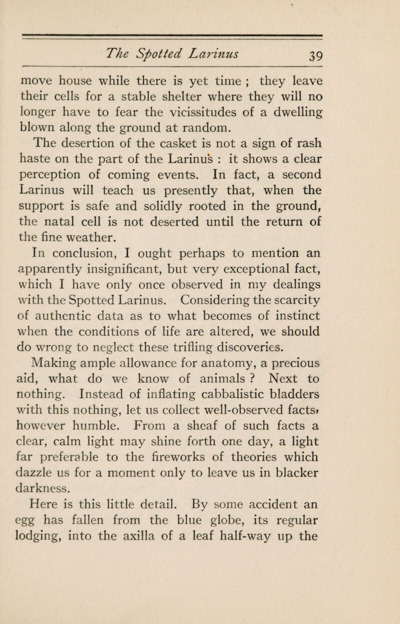 move house while there is yet time ; they leave their cells for a stable shelter where they will no longer have to fear the vicissitudes of a dwelling blown along the ground at random. The desertion of the casket is not a sign of rash haste on the part of the Larinu*s : it shows a clear perception of coming events. In fact, a second Larinus will teach us presently that, when the support is safe and solidly rooted in the ground, the natal cell is not deserted until the return of the fine weather. In conclusion, I ought perhaps to mention an apparently insignificant, but very exceptional fact, which I have only once observed in my dealings with the Spotted Larinus. Considering the scarcity of authentic data as to what becomes of instinct when the conditions of life are altered, we should do wrong to neglect these trifling discoveries. Making ample allowance for anatomy, a precious aid, what do we know of animals ? Next to nothing. Instead of inflating cabbalistic bladders with this nothing, let us collect well-observed facts» however humble. From a sheaf of such facts a clear, calm light may shine forth one day, a light far preferable to the fireworks of theories which dazzle us for a moment only to leave us in blacker darkness. Here is this little detail. By some accident an egg has fallen from the blue globe, its regular lodging, into the axilla of a leaf half-way up the