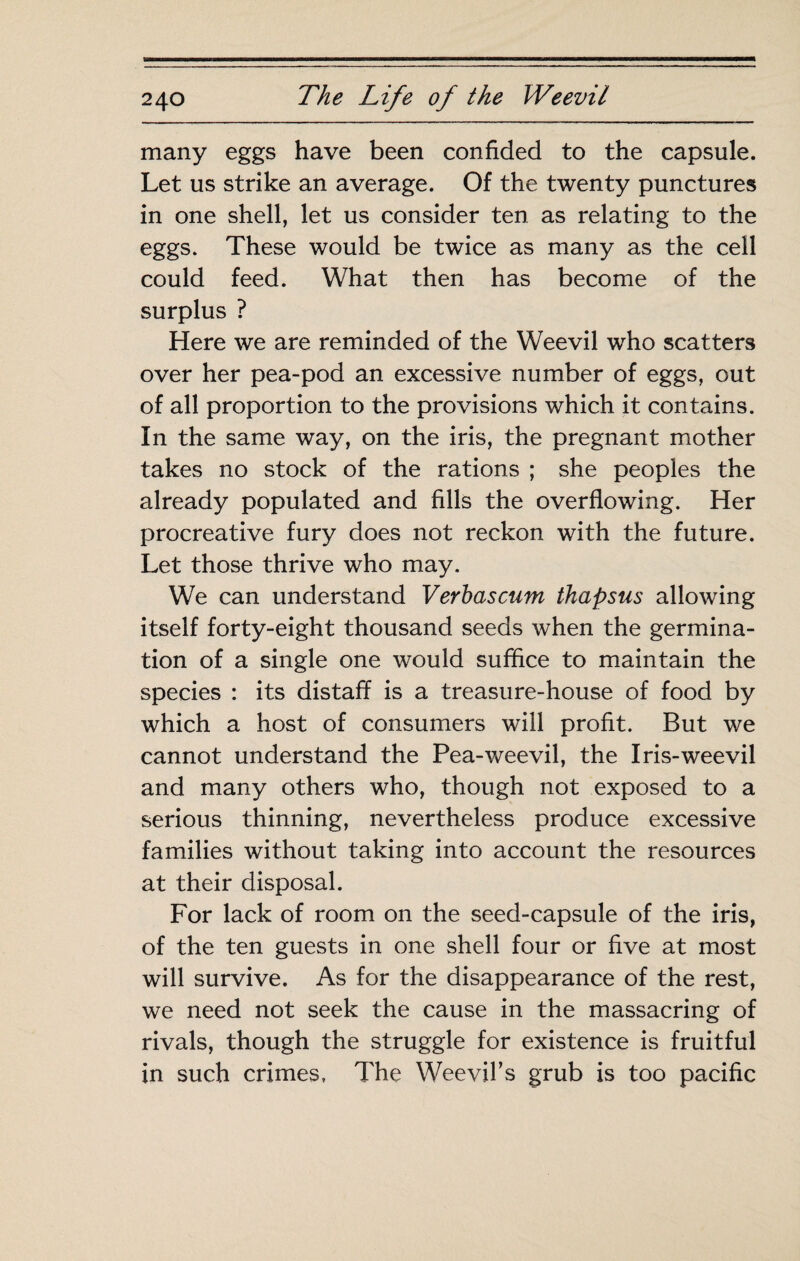 many eggs have been confided to the capsule. Let us strike an average. Of the twenty punctures in one shell, let us consider ten as relating to the eggs. These would be twice as many as the cell could feed. What then has become of the surplus ? Here we are reminded of the Weevil who scatters over her pea-pod an excessive number of eggs, out of all proportion to the provisions which it contains. In the same way, on the iris, the pregnant mother takes no stock of the rations ; she peoples the already populated and fills the overflowing. Her procreative fury does not reckon with the future. Let those thrive who may. We can understand Verbascum thapsus allowing itself forty-eight thousand seeds when the germina¬ tion of a single one would suffice to maintain the species : its distaff is a treasure-house of food by which a host of consumers will profit. But we cannot understand the Pea-weevil, the Iris-weevil and many others who, though not exposed to a serious thinning, nevertheless produce excessive families without taking into account the resources at their disposal. For lack of room on the seed-capsule of the iris, of the ten guests in one shell four or five at most will survive. As for the disappearance of the rest, we need not seek the cause in the massacring of rivals, though the struggle for existence is fruitful in such crimes, The Weevil’s grub is too pacific