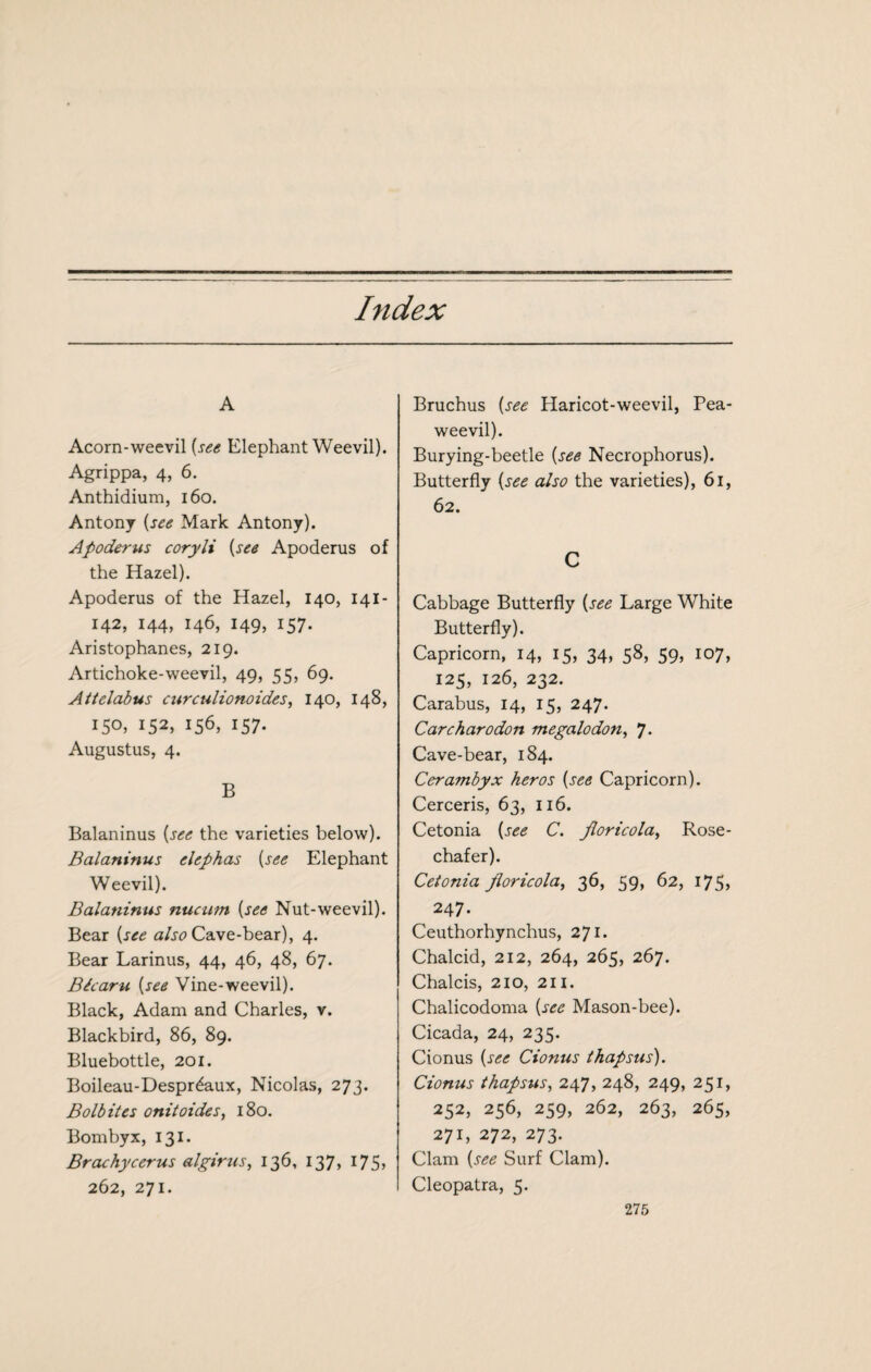 Index A Acorn-weevil [sa Elephant Weevil). Agrippa, 4, 6. Anthidium, 160. Antony [see Mark Antony). Apodertis coryli {see Apoderus of the Hazel). Apoderus of the Hazel, 140, 141- 142, 144, 146, 149, 157. Aristophanes, 219. Artichoke-weevil, 49, 55, 69. Atielabus curctdionoides, 140, 148, 150, 152, 156, 157. Augustus, 4. B Balaninus {see the varieties below). Balaninus elephas {see Elephant Weevil). Balaninus nucmn {see Nut-weevil). Bear {see a/j'c? Cave-bear), 4. Bear Larinus, 44, 46, 48, 67. Bécaru {see Vine-weevil). Black, Adam and Charles, v. Blackbird, 86, 89. Bluebottle, 201. Boileau-Despréaux, Nicolas, 273. Bolbites onitaides^ 180. Bombyx, 131. Brachycerus algirus, 136, 137, 175, 262, 271. Bruchus {see Haricot-weevil, Pea- weevil). Burying-beetle {see Necrophorus). Butterfly {see also the varieties), 61, 62. C Cabbage Butterfly {see Large White Butterfly). Capricorn, 14, 15, 34, 58, 59, 107, 125, 126, 232. Carabus, 14, 15, 247. Carcharodon megalodoUy 7* Cave-bear, 184. Cerambyx héros {see Capricorn). Cerceris, 63, 116. Cetonia {see C. Jloricola, Rose- chafer). Cetonia Jloricolay 36, 59, 62, I7S> 247. Ceuthorhynchus, 271. Chalcid, 212, 264, 265, 267. Chalcis, 210, 211. Chalicodoma {see Mason-bee). Cicada, 24, 235. Cionus {see Cionus thapsus), Cionus thapsus^ 247, 248, 249, 251, 252, 256, 259, 262, 263, 265, 271, 272, 273. Clam {see Surf Clam). Cleopatra, 5.