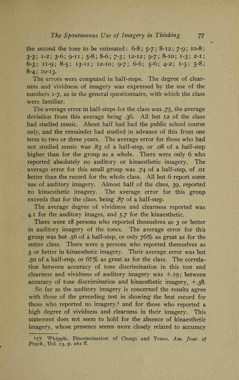 the second the tone to be estimated: 6-8; 5-7; 8-12; 7-9; 10-8; 3-3; 1-2; 3-6; 9-11; 5-8; 8-6; 7-5; 12-12; 9-7; 8-10; 1-3; 2-1; 6-3; 11-9; 8-5; 13-11; 12-10; 9-7; 6-6; 5-6; 4-2; 1-5; 5-8; 8-4; 10-13. The errors were computed in half-steps. The degree of clear¬ ness and vividness of imagery was expressed by the use of the numbers 1-7, as in the general questionnaire, with which the class were familiar. The average error in half-steps for the class was .75, the average deviation from this average being .36. All but 12 of the class had studied music. About half had had the public school course only, and the remainder had studied in advance of this from one term to two or three years. The average error for those who had not studied music was .83 of a half-step, or .08 of a half-step higher than for the group as a whole. There were only 6 who reported absolutely no auditory or kinaesthetic imagery. The average error for this small group was .74 of a half-step, of .01 better than the record for the whole class. All but 6 report some use of auditory imagery. Almost half of the class, 39, reported no kinaesthetic imagery. The average error for this group exceeds that for the class, being .87 of a half-step. The average degree of vividness and clearness reported was 4.1 for the auditory images, and 5.7 for the kinaesthetic. There were 18 persons who reported themselves as 3 or better in auditory imagery of the tones. The average error for this group was but .56 of a half-step, or only 76%' as great as for the entire class. There were 9 persons who reported themselves as 3 or better in kinaesthetic imagery. Their average error was but .50 of a half-step, or 67% as great as for the class. The correla¬ tion between accuracy of tone discrimination in this test and clearness and vividness of auditory imagery was +.19; between accuracy of tone discrimination and kinaesthetic imagery, +.38. So far as the auditory imagery is concerned the results agree with those of the preceding test in showing the best record for those who reported no imagery.1 and for those who reported a high degree of vividness and- clearness in their imagery. This statement does not seem to hold for the absence of kinaesthetic imagery, whose presence seems more closely related to accuracy 1 Cf. Whipple, Discrimination of Clangs and Tones, Am. Jour, of Psych., Vol. 13, p. 261 ff.