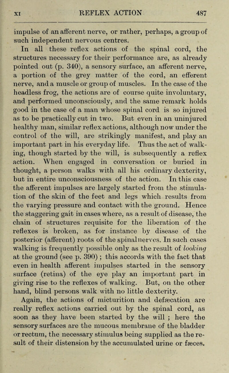 impulse of an afferent nerve, or rather, perhaps, a group of such independent nervous centres. In all these reflex actions of the spinal cord, the structures necessary for their performance are, as already pointed out (p. 340), a sensory surface, an afferent nerve, a portion of the grey matter of the cord, an efferent nerve, and a muscle or group of muscles. In the case of the headless frog, the actions are of course quite involuntary, and performed unconsciously, and the same remark holds good in the case of a man whose spinal cord is so injured as to be practically cut in two. But even in an uninjured healthy man, similar reflex actions, although now under the control of the will, are strikingly manifest, and play an important part in his everyday life. Thus the act of walk¬ ing, though started by the will, is subsequently a reflex action. When engaged in conversation or buried in thought, a person walks with all his ordinary dexterity, but in entire unconsciousness of the action. In this case the afferent impulses are largely started from the stimula¬ tion of the skin of the feet and legs which results from the varying pressure and contact with the ground. Hence the staggering gait in cases where, as a result of disease, the chain of structures requisite for the liberation of the reflexes is broken, as for instance by disease of the posterior (afferent) roots of the spinal nerves. In such cases walking is frequently possible only as the result of looking at the ground (see p. 390) ; this accords with the fact that even in health afferent impulses started in the sensory surface (retina) of the eye play an important part in giving rise to the reflexes of walking. But, on the other hand, blind persons walk with no little dexterity. Again, the actions of micturition and defecation are really reflex actions carried out by the spinal cord, as soon as they have been started by the will ; here the sensory surfaces are the mucous membrane of the bladder or rectum, the necessary stimulus being supplied as the re¬ sult of their distension by the accumulated urine or feces.