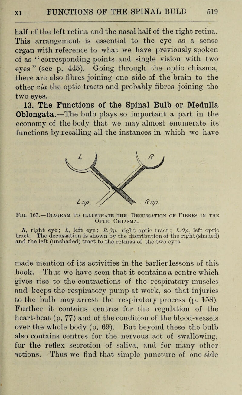 half of the left retina and the nasal half of the right retina. This arrangement is essential to the eye as a sense organ with reference to what we have previously spoken of as “ corresponding points and single vision with two eyes ” (see p. 445). Going through the optic chiasma, there are also fibres joining one side of the brain to the other via the optic tracts and probably fibres joining the two eyes. 13. The Functions of the Spinal Bulb or Medulla Oblongata.—The bulb plays so important a part in the economy of the body that we may almost enumerate its functions by recalling all the instances in which we have Fig. 167.—Diagram to illustrate the Decussation of Fibres in the Optic Chiasma. R, right eye; L, left eye; R.Op. right optic tract; L.Op. left optic tract. The decussation is shown by the distribution of the right (shaded) and the left (unshaded) tract to the retinas of the two eyes. made mention of its activities in the earlier lessons of this book. Thus we have seen that it contains a centre which gives rise to the contractions of the respiratory muscles and keeps the respiratory pump at work, so that injuries to the bulb may arrest the respiratory process (p. 158). Further it contains centres for the regulation of the heart-beat (p. 77) and of the condition of the blood-vessels over the whole body (p. 69). But beyond these the bulb also contains centres for the nervous act of swallowing, for the reflex secretion of saliva, and for many other actions. Thus we find that simple puncture of one side