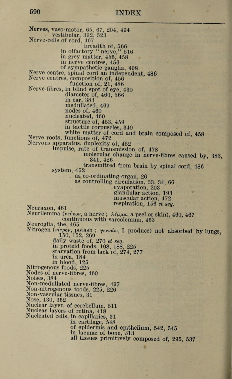 Nerves, vaso-motor, 65, 67, 204, 494 vestibular, 392, 523 Nerve-cells of cord, 467 breadth of, 566 in olfactory “ nerve,” 516 in grey matter, 456., 458 in nerve centres, 456 of sympathetic ganglia, 498 Nerve centre, spinal cord an independent, 486 Nerve centres, composition of, 456 function of, 21, 486 Nerve-fibres, in blind spot of eye, 430 diameter of, 460, 566 in ear, 383 medullated, 469 nodes of, 460 nucleated, 460 structure of, 453, 459 in tactile corpuscles, 349 , white matter of cord and brain composed cf, 458 Nerve roots, functions of, 472 Nervous apparatus, duplexity of, 452 impulse, rate of transmission of, 478 m3^41U4^6C^ange *n nerve‘fikres caused by, 383, transmitted from brain by spinal cord, 486 system, 452 as co-ordinating organ, 26 as controlling circulation, 33, 34, 66 evaporation, 203 glandular action, 193 muscular action, 472 respiration, 156 et sea. Neuraxon, 461 Neurilemma (vevpov, a nerve ; Keppa, a peel or skin), 460, 467 continuous with sarcolemma, 463 Neuroglia, the, 465 Nitrogen (virpov, potash ; ■yewdu), I produce) not absorbed by lungs, 150, 152, 269 daily waste of, 270 et seq. in proteid foods, 108, 188, 225 starvation from lack of, 274, 277 in urea, 184 in blood, 125 Nitrogenous foods, 225 Nodes of nerve-fibres, 460 Noises, 384 Non-medullated nerve-fibres, 497 Non-nitrogenous foods. 225, 226 Non-vascular tissues, 31 Nose, 130, 362 Nuclear layer, of cerebellum, 511 Nuclear layers of retina, 418 Nucleated cells, in capillaries, 31 in cartilage, 548 of epidermis and epithelium, 542, 545 in lacunae of bone, 313 all tissues primitively composed of, 295, 537