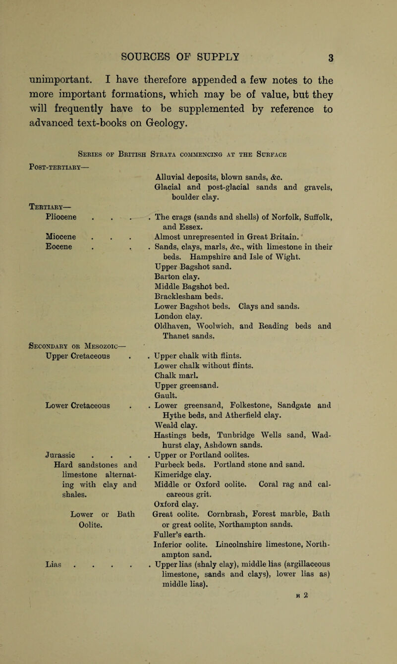 unimportant. I have therefore appended a few notes to the more important formations, which may be of value, but they will frequently have to be supplemented by reference to advanced text-books on Geology. Series of British Strata commencing at the Surface Post-tertiary— Tertiary— Pliocene Miocene Eocene Secondary or Mesozoic— Upper Cretaceous Lower Cretaceous Jurassic Hard sandstones and limestone alternat¬ ing with clay and shales. Lower or Bath Oolite. Lias Alluvial deposits, blown sands, &c. Glacial and post-glacial sands and gravels, boulder clay. . The crags (sands and shells) of Norfolk, Suffolk, and Essex. Almost unrepresented in Great Britain. . Sands, clays, marls, <fcc., with limestone in their beds. Hampshire and Isle of Wight. Upper Bagshot sand. Barton clay. Middle Bagshot bed. Bracklesham beds. Lower Bagshot beds. Clays and sands. London clay. Oldhaven, Woolwich, and Reading beds and Thanet sands. . Upper chalk with flints. Lower chalk without flints. Chalk marl. Upper greensand. Gault. . Lower greensand, Folkestone, Sandgate and Hythe beds, and Atherfield clay. Weald clay. Hastings beds, Tunbridge Wells sand, Wad- hurst clay, Ashdown sands. . Upper or Portland oolites. Purbeck beds. Portland stone and sand. Kimeridge clay. Middle or Oxford oolite. Coral rag and cal¬ careous grit. Oxford clay. Great oolite. Cornbrash, Forest marble, Bath or great oolite, Northampton sands. Fuller’s earth. Inferior oolite. Lincolnshire limestone, North¬ ampton sand. . Upper lias (shaly clay), middle lias (argillaceous limestone, sands and clays), lower lias as) middle lias). h 9.