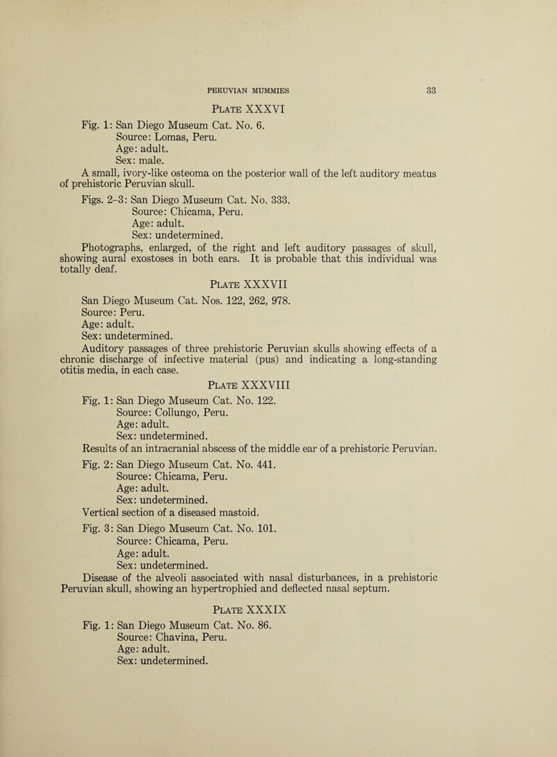 Plate XXXVI Fig. 1: San Diego Museum Cat. No. 6. Source: Lomas, Peru. Age: adult. Sex: male. A small, ivory-like osteoma on the posterior wall of the left auditory meatus of prehistoric Peruvian skull. Figs. 2-3: San Diego Museum Cat. No. 333. Source: Chicama, Peru. Age: adult. Sex: undetermined. Photographs, enlarged, of the right and left auditory passages of skull, showing aural exostoses in both ears. It is probable that this individual was totally deaf. Plate XXXVII San Diego Museum Cat. Nos. 122, 262, 978. Source: Peru. Age: adult. Sex: undetermined. Auditory passages of three prehistoric Peruvian skulls showing effects of a chronic discharge of infective material (pus) and indicating a long-standing otitis media, in each case. Plate XXXVIII Fig. 1: San Diego Museum Cat. No. 122. Source: Collungo, Peru. Age: adult. Sex: undetermined. Results of an intracranial abscess of the middle ear of a prehistoric Peruvian. Fig. 2: San Diego Museum Cat. No. 441. Source: Chicama, Peru. Age: adult. Sex: undetermined. Vertical section of a diseased mastoid. Fig. 3: San Diego Museum Cat. No. 101. Source: Chicama, Peru. Age: adult. Sex: undetermined. Disease of the alveoli associated with nasal disturbances, in a prehistoric Peruvian skull, showing an hypertrophied and deflected nasal septum. Plate XXXIX Fig. 1: San Diego Museum Cat. No. 86. Source: Chavina, Peru. Age: adult.