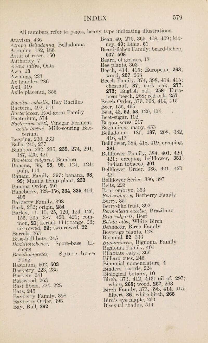 All numbers refer to pages, heavy type indicating illustrations. Atavism, 436 Atropa Belladonna, Belladonna Atropine, 182, 186 Attar of roses, 150 Authority, 7 Avena sativa, Oats Awn, 13 Awnings, 223 Ax handles, 286 Axil, 319 Axile placenta, 355 Bacillus subtilis, Hay Bacillus Bacteria, 492, 511 Bacteriacece, Rod-germ Family Bacterium, 574 Bacterium aceti, Vinegar Ferment acidi lactici, Milk-souring Bac¬ terium Bagging, 230, 232 Balls, 245, 277 Bamboo, 232, 235, 239, 274, 291, 387, 420, 421 Bambusa vulgaris, Bamboo Banana, 88, 98, 99, 121, 124; pulp, 114 Banana Family, 397: banana, 98, 99; Manila hemp plant, 233 Banana Order, 597 Baneberry', 328-356, 334, 335, 404, 405 Barberry Family, 398 Bark, 252; origin, 254 Barley, 11, 15, 25, 120, 124, 126, 156, 235, 387, 420, 421; com¬ mon, 21; kernel, 114; range, 26; six-rowed, 22; two-rowed, 22 Barrels, 263 Base-ball bats, 245 Basidiolichenes, Spore-base Li¬ chens Basidiomycetes, Spore-base F ungi Basidium, 502, 503 Basketry, 223, 235 Baskets, 241 Basswood, 263 Bast fibers, 224, 228 Bats, 245 Bayberry Family, 398 Bayberry Order, 398 Bay, Bull, 262 Bean, 40, 270, 365, 408, 409; kid¬ ney, 49; Lima, 51 Beard-lichen Family: beard-lichen, 507, 508 Beard, of grasses, 13 Bee plants, 303 Beech, 414, 415; European, 268; wood, 257, 268 Beech Family, 374, 398, 414, 415; chestnut, 37; cork oak, 277, 278; English oak, 258; Euro¬ pean beech, 268; red oak, 257 Beech Order, 376, 398, 414, 415 Beer, 156, 495 Beet, 43, 52, 53, 120, 124 Beet-sugar, 102 Beggar sores, 217 Beginnings, many, 433 Belladonna, 186, 187, 208, 382, 416, 417 Bellflower, 384, 418, 419; creeping, 381 Bellflower Family, 384, 401, 420, 421: creeping bellflower, 381; Indian tobacco, 201 Bellflower Order, 386, 401, 420, 421 Bellflower Series, 386, 397 Belts, 223 Bent embryo, 363 Berberidacece, Barberry Family Berry, 351 Berry-like fruit, 392 Bertholletia excelsa, Brazil-nut Beta vulgaris, Beet Betula alba, White Birch Betulaceoe, Birch Family Beverage plants, 128 Biennial, 52, 333 Bignoniacece, Bignonia Family Bignonia Family, 401 Bilabiate calyx, 366 Billiard cues, 245 Binomial nomenclature, 4 Binders’ boards, 224 Biological botany, 10 Birch, 373, 412, 413; oil of, 297; white, 265; wood, 257, 263 Birch Family, 373, 398, 414, 415; filbert, 36; white birch, 265 Bird’s eye maple, 263 Bisexual t hall us, 514