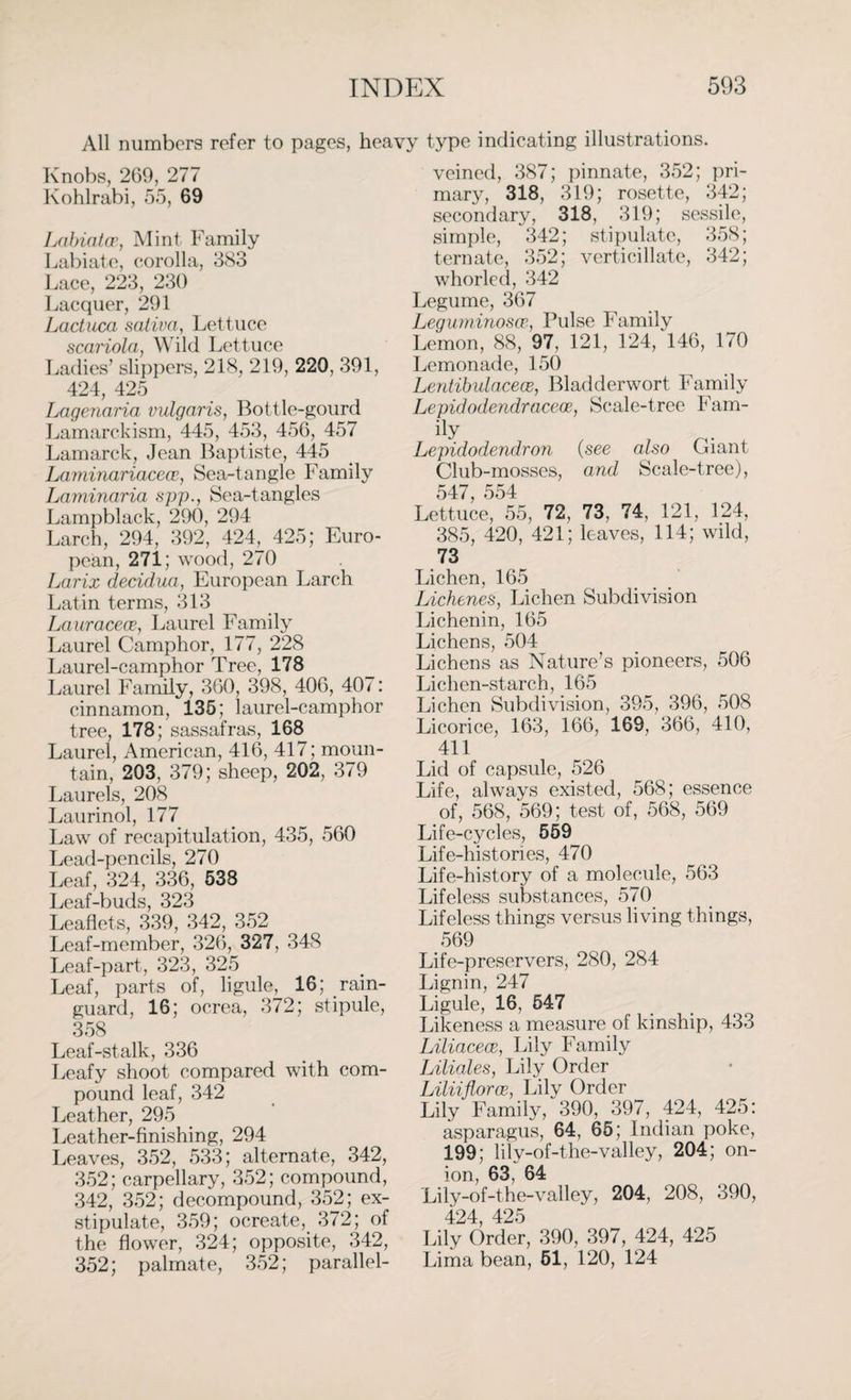 All numbers refer to pages, heavy type indicating illustrations. Knobs, 269, 277 Kohlrabi, 55, 69 Labiatcr, Mint Family Labiate, corolla, 383 Lace, 223, 230 Lacquer, 291 Lactuca saliva, Lettuce scariola, Wild Lettuce Ladies’ slippers, 218, 219, 220, 391, 424, 425 Lagenaria vulgaris, Bottle-gourd Lamarckism, 445, 453, 456, 457 Lamarck, Jean Baptiste, 445 Laminariacece, Sea-tangle Family Laminaria spp., Sea-tangles Lampblack, 290, 294 Larch, 294, 392, 424, 425; Euro¬ pean, 271; wood, 270 Larix decidua, European Larch Latin terms, 313 Lauracece, Laurel Family Laurel Camphor, 177, 228 Laurel-camphor Tree, 178 Laurel Family, 360, 398, 406, 407: cinnamon, 135; laurel-camphor tree, 178; sassafras, 168 Laurel, American, 416, 417; moun¬ tain, 203, 379; sheep, 202, 379 Laurels, 208 Laurinol, 177 Law of recapitulation, 435, 560 Lead-pencils, 270 Leaf, 324, 336, 538 Leaf-buds, 323 Leaflets, 339, 342, 352 Leaf-member, 326, 327, 348 Leaf-part, 323, 325 Leaf, parts of, ligule, 16; rain- guard, 16; ocrea, 372; stipule, 358 Leaf-stalk, 336 Leafy shoot compared with com¬ pound leaf, 342 Leather, 295 Leather-finishing, 294 Leaves, 352, 533; alternate, 342, 352; carpellary, 352; compound, 342, 352; decompound, 352; ex- stipulate, 359; ocreate, 372; of the flower, 324; opposite, 342, 352; palmate, 352; parallel- veined, 387; pinnate, 352; pri¬ mary, 318, 319; rosette, 342; secondary, 318, 319; sessile, simple, 342; stipulate, 358; ternate, 352; verticillate, 342; whorled, 342 Legume, 367 Leguminosm, Pulse Family Lemon, 88, 97, 121, 124, 146, 170 Lemonade, 150 Lentibulacece, Bladderwort Family Lepidodendraceoe., Scale-tree Fam¬ ily Lepidodendron (see also Giant Club-mosses, and Scale-tree), 547 554 Lettuce, 55, 72, 73, 74, 121, 124, 385, 420, 421; leaves, 114; wild, 73 Lichen, 165 Lichenes, Lichen Subdivision Lichenin, 165 Lichens, 504 Lichens as Nature’s pioneers, 506 Lichen-starch, 165 Lichen Subdivision, 395, 396, 508 Licorice, 163, 166, 169, 366, 410, 411 Lid of capsule, 526 Life, always existed, 568; essence of, 568, 569; test of, 568, 569 Life-cycles, 559 Life-histories, 470 Life-history of a molecule, 563 Lifeless substances, 570 Lifeless things versus living things, 569 Life-preservers, 280, 284 Lignin, 247 Ligule, 16, 547 Likeness a measure of kinship, 433 Liliacece, Lily Family Liliales, Lily Order Liliiflorce, Lily Order Lily Family, 390, 397, 424, 425: asparagus, 64, 65; Indian poke, 199; lily-of-the-valley, 204; on¬ ion, 63, 64 Lily-of-the-valley, 204, 208, 390, 424, 425 Lily Order, 390, 397, 424, 425 Lima bean, 61, 120, 124
