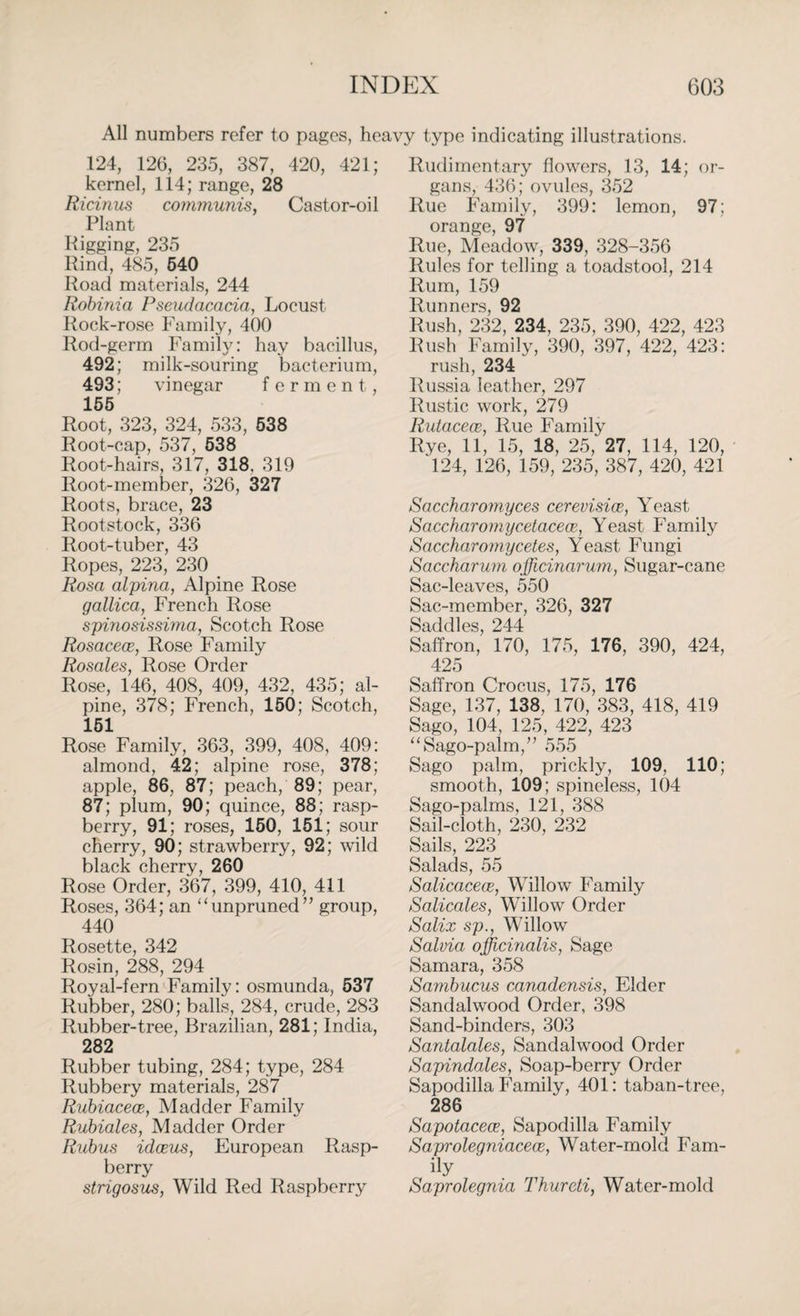 All numbers refer to pages, heavy type indicating illustrations. 124, 126, 235, 387, 420, 421; kernel, 114; range, 28 Ricinus communis, Castor-oil Plant Pigging, 235 Rind, 485, 540 Road materials, 244 Robinia Pseudacada, Locust Rock-rose Family, 400 Rod-germ Family: hay bacillus, 492; milk-souring bacterium, 493; vinegar ferment, 155 Root, 323, 324, 533, 538 Root-cap, 537, 538 Root-hairs, 317, 318, 319 Root-member, 326, 327 Roots, brace, 23 Rootstock, 336 Root-tuber, 43 Ropes, 223, 230 Rosa alpina, Alpine Rose gallica, French Rose spinosissima, Scotch Rose Rosacece, Rose Family Rosales, Rose Order Rose, 146, 408, 409, 432, 435; al¬ pine, 378; French, 150; Scotch, 151 Rose Family, 363, 399, 408, 409: almond, 42; alpine rose, 378; apple, 86, 87; peach, 89; pear, 87; plum, 90; quince, 88; rasp¬ berry, 91; roses, 150, 151; sour cherry, 90; strawberry, 92; wild black cherry, 260 Rose Order, 367, 399, 410, 411 Roses, 364; an “unpruned” group, 440 Rosette, 342 Rosin, 288, 294 Royal-fern Family: osmunda, 537 Rubber, 280; balls, 284, crude, 283 Rubber-tree, Brazilian, 281; India, 282 Rubber tubing, 284; type, 284 Rubbery materials, 287 Rubiaceoe, Madder Family Rubiales, Madder Order Rubus idceus, European Rasp¬ berry strigosus, Wild Red Raspberry Rudimentary flowers, 13, 14; or¬ gans, 436; ovules, 352 Rue Family, 399: lemon, 97; orange, 97 Rue, Meadow, 339, 328-356 Rules for telling a toadstool, 214 Rum, 159 Runners, 92 Rush, 232, 234, 235, 390, 422, 423 Rush Family, 390, 397, 422, 423: rush, 234 Russia leather, 297 Rustic work, 279 Rutacece, Rue Family Rye, 11, 15, 18, 25/ 27, 114, 120, 124, 126, 159, 235, 387, 420, 421 Saccharomyces cerevisice, Yeast Saccharomycetacece, Yeast Family Saccharomycetes, Yeast Fungi Saccharum officinarum, Sugar-cane Sac-leaves, 550 Sac-member, 326, 327 Saddles, 244 Saffron, 170, 175, 176, 390, 424, 425 Saffron Crocus, 175, 176 Sage, 137, 138, 170, 383, 418, 419 Sago, 104, 125, 422, 423 “Sago-palm,” 555 Sago palm, prickly, 109, 110; smooth, 109; spineless, 104 Sago-palms, 121, 388 Sail-cloth, 230, 232 Sails, 223 Salads, 55 Salicacece, Willow Family Salicales, Willow Order Salix sp., Willow Salvia officinalis, Sage Samara, 358 Sambucus canadensis, Elder Sandalwood Order, 398 Sand-binders, 303 Santalales, Sandalwood Order Sapindales, Soap-berry Order Sapodilla Family, 401: taban-tree, 286 Sapotacece, Sapodilla Family Saprolegniacece, Water-mold Fam¬ ily Saprolegnia Tkureti, Water-mold