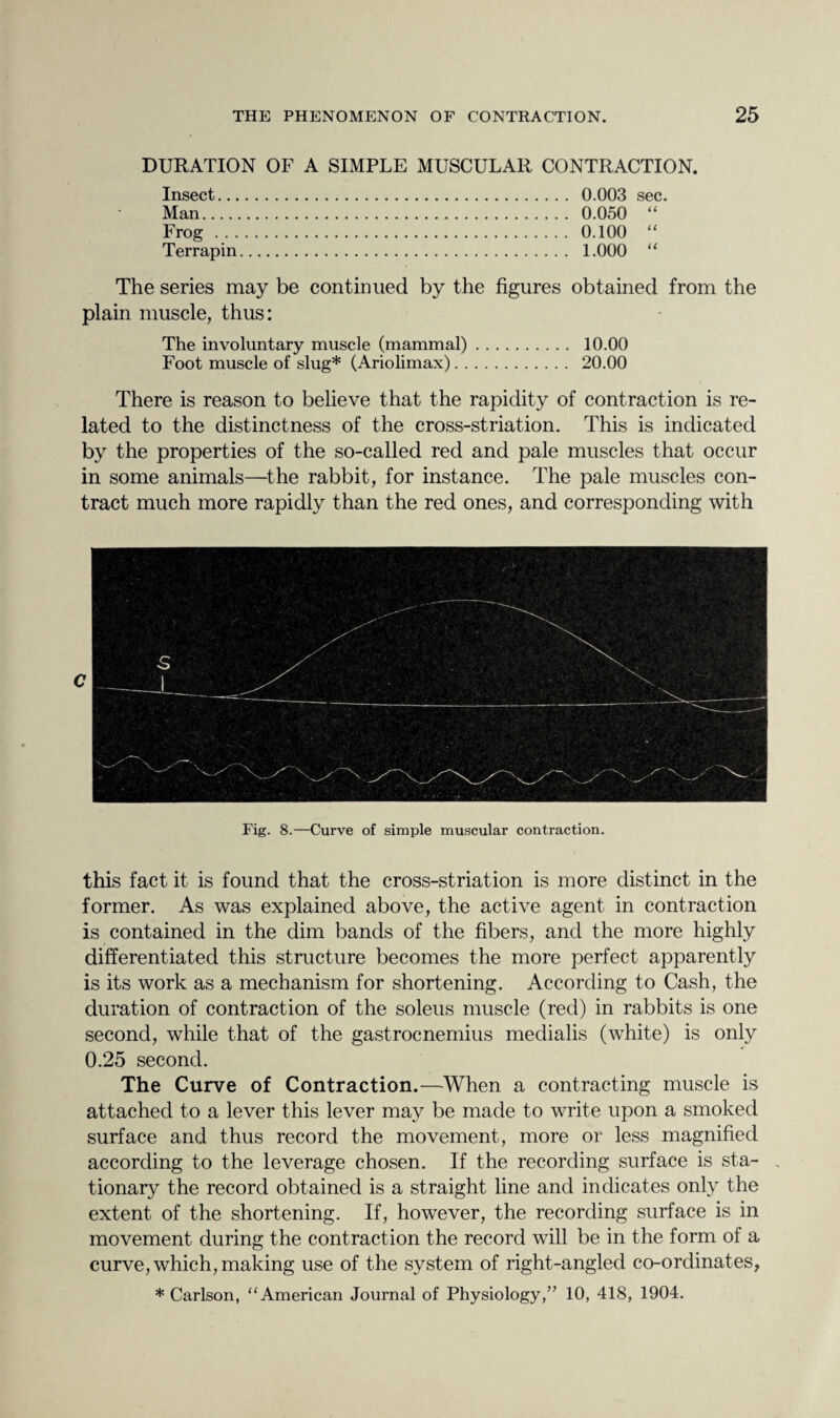 DURATION OF A SIMPLE MUSCULAR CONTRACTION. Insect. 0.003 sec. Man. 0.050 “ Frog. 0.100 “ Terrapin. 1.000 “ The series may be continued by the figures obtained from the plain muscle, thus: The involuntary muscle (mammal). 10.00 Foot muscle of slug* (Ariolimax). 20.00 There is reason to believe that the rapidity of contraction is re¬ lated to the distinctness of the cross-striation. This is indicated by the properties of the so-called red and pale muscles that occur in some animals—the rabbit, for instance. The pale muscles con¬ tract much more rapidly than the red ones, and corresponding with Fig. 8.—Curve of simple muscular contraction. this fact it is found that the cross-striation is more distinct in the former. As was explained above, the active agent in contraction is contained in the dim bands of the fibers, and the more highly differentiated this structure becomes the more perfect apparently is its work as a mechanism for shortening. According to Cash, the duration of contraction of the soleus muscle (red) in rabbits is one second, while that of the gastrocnemius medialis (white) is only 0.25 second. The Curve of Contraction.—When a contracting muscle is attached to a lever this lever may be made to write upon a smoked surface and thus record the movement, more or less magnified according to the leverage chosen. If the recording surface is sta- . tionary the record obtained is a straight line and indicates only the extent of the shortening. If, however, the recording surface is in movement during the contraction the record will be in the form of a curve, which, making use of the system of right-angled co-ordinates, * Carlson, “American Journal of Physiology/’ 10, 418, 1904.