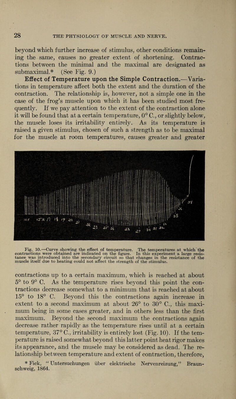 beyond which further increase of stimulus, other conditions remain¬ ing the same, causes no greater extent of shortening. Contrac¬ tions between the minimal and the maximal are designated as submaximal.* (See Fig. 9.) Effect of Temperature upon the Simple Contraction.—Varia¬ tions in temperature affect both the extent and the duration of the contraction. The relationship is, however, not a simple one in the case of the frog’s muscle upon which it has been studied most fre¬ quently. If we pay attention to the extent of the contraction alone it will be found that at a certain temperature, 0° C., or slightly below, the muscle loses its irritability entirely. As its temperature is raised a given stimulus, chosen of such a strength as to be maximal for the muscle at room temperatures, causes greater and greater Fig. 10.—Curve showing the effect of temperature. The temperatures at which the contractions were obtained are indicated on the figure. In this experiment a large resis¬ tance was introduced into the secondary circuit so that changes in the resistance of the muscle itself due to heating could not affect the strength of the stimulus. contractions up to a certain maximum, which is reached at about 5° to 9° C. As the temperature rises beyond this point the con¬ tractions decrease somewhat to a minimum that is reached at about 15° to 18° C. Beyond this the contractions again increase in extent to a second maximum at about 26° to 30° C., this maxi¬ mum being in some cases greater, and in others less than the first maximum. Beyond the second maximum the contractions again decrease rather rapidly as the temperature rises until at a certain temperature, 37° C., irritability is entirely lost (Fig. 10). If the tem¬ perature is raised somewhat beyond this latter point heat rigor makes its appearance, and the muscle may be considered as dead. The re¬ lationship between temperature and extent of contraction, therefore, * Fick, “ Untersuchungen fiber elektrische Nervenreizung,” Braun¬ schweig, 1864.