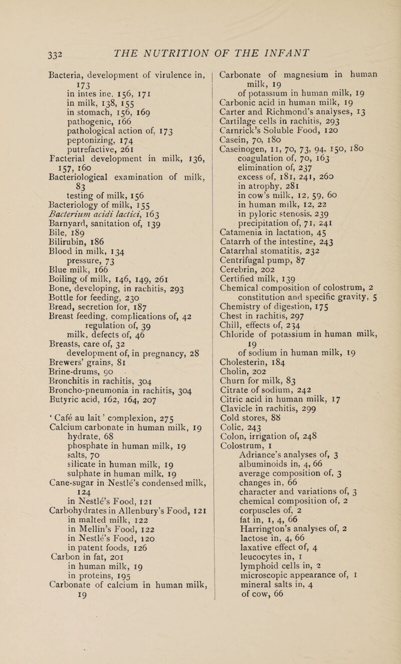 Bacteria, development of virulence in, x73 in intes ine, 156, 171 in milk, 138, 155 in stomach, 156, 169 pathogenic, 166 pathological action of. 173 peptonizing, 174 putrefactive, 261 Facterial development in milk, 136, 157, 160 Bacteriological examination of milk, 83 testing of milk, 156 Bacteriology of milk, 155 Bacterium acidi lactici, 163 Barnyard, sanitation of, 139 Bile, 189 Bilirubin, 186 Blood in milk, 134 pressure, 73 Blue milk, 166 Boiling of milk, 146, 149, 261 Bone, developing, in rachitis, 293 Bottle for feeding, 230 Bread, secretion for, 187 Breast feeding, complications of, 42 regulation of, 39 milk, defects of, 46 Breasts, care of, 32 development of, in pregnancy, 28 Brewers’ grains, 81 Brine-drums, 90 Bronchitis in rachitis, 304 Broncho-pneumonia in rachitis, 304 Butyric acid, 162, 164, 207 * Cafe au lait ’ complexion, 275 Calcium carbonate in human milk, 19 hydrate, 68 phosphate in human milk, 19 salts, 70 silicate in human milk, 19 sulphate in human milk, 19 Cane-sugar in Nestle’s condensed milk, 124 in Nestle’s Food, 121 Carbohydrates in Allenbury’s Food, 121 in malted milk, 122 in Mellin’s Food, 122 in Nestle’s Food, 120 in patent foods, 126 Carbon in fat, 201 in human milk, 19 in proteins, 195 Carbonate of calcium in human milk, 19 Carbonate of magnesium in human milk, 19 of potassium in human milk, 19 Carbonic acid in human milk, 19 Carter and Richmond’s analyses, 13 Cartilage cells in rachitis, 293 Carnrick’s Soluble Food, 120 Casein, 70, 180 Caseinogen, 11, 70, 73, 94, 150, 180 coagulation of, 70, 163 elimination of, 237 excess of, 181, 241, 260 in atrophy, 281 in cow’s milk, 12, 59, 60 in human mdk, 12, 22 in pyloric stenosis, 239 precipitation of, 71, 241 Catamenia in lactation, 45 Catarrh of the intestine, 243 Catarrhal stomatitis, 232 Centrifugal pump, 87 Cerebrin, 202 Certified milk, 139 Chemical composition of colostrum, 2 constitution and specific gravity, 5 Chemistry of digestion, 175 Chest in rachitis, 297 Chill, effects of, 234 Chloride of potassium in human milk, l9 . . of sodium in human milk, 19 Cholesterin, 184 Cholin, 202 Churn for milk, 83 Citrate of sodium, 242 Citric acid in human milk, 17 Clavicle in rachitis, 299 Cold stores, 88 Colic, 243 Colon, irrigation of, 248 Colostrum, 1 Adriance’s analyses of, 3 albuminoids in, 4, 66 average composition of, 3 changes in, 66 character and variations of, 3 chemical composition of, 2 corpuscles of, 2 fat in, 1,4, 66 Harrington’s analyses of, 2 lactose in, 4, 66 laxative effect of, 4 leucocytes in, 1 lymphoid cells in, 2 microscopic appearance of, 1 mineral salts in, 4 of cow, 66
