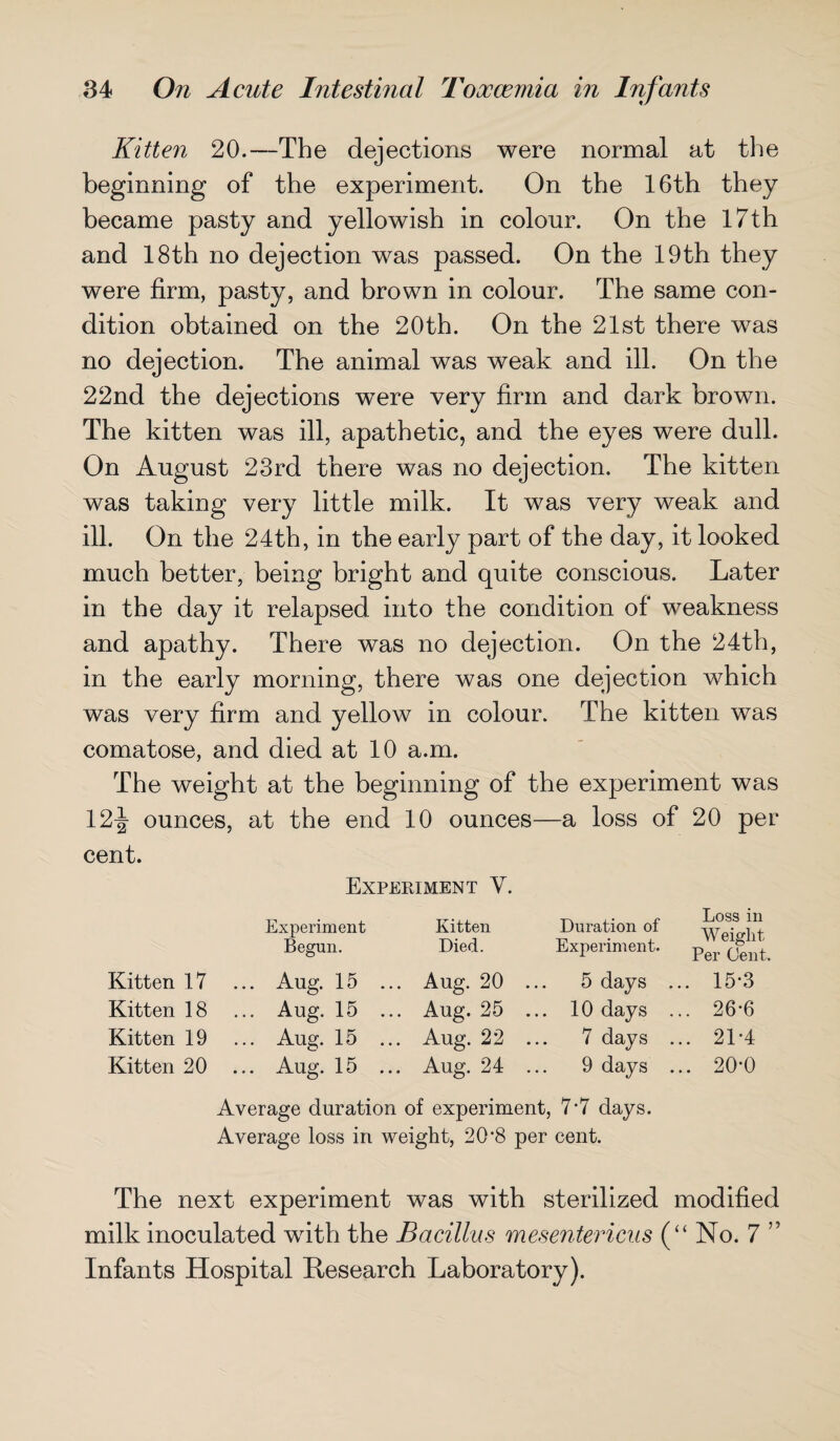 Kitten 20.—The dejections were normal at the beginning of the experiment. On the 16th they became pasty and yellowish in colour. On the 17 th and 18th no dejection was passed. On the 19th they were firm, pasty, and brown in colour. The same con¬ dition obtained on the 20th. On the 21st there was no dejection. The animal was weak and ill. On the 22nd the dejections were very firm and dark brown. The kitten was ill, apathetic, and the eyes were dull. On August 23rd there was no dejection. The kitten was taking very little milk. It was very weak and ill. On the 24th, in the early part of the day, it looked much better, being bright and quite conscious. Later in the day it relapsed into the condition of weakness and apathy. There was no dejection. On the 24th, in the early morning, there was one dejection which was very firm and yellow in colour. The kitten was comatose, and died at 10 a.m. The weight at the beginning of the experiment was 12J ounces, at the end 10 ounces—a loss of 20 per cent. Experiment V. Experiment Begun. Kitten Died. Duration of Experiment. Loss in Weight Per Cent. Kitten 17 ... Aug. 15 ... Aug. 20 ... 5 days ... 15*3 Kitten 18 ... Aug. 15 ... Aug. 25 ... 10 days ... 26‘6 Kitten 19 ... Aug. 15 ... Aug. 22 ... 7 days ... 21-4 Kitten 20 ... Aug. 15 ... Aug. 24 ... 9 days ... 20*0 Average duration of experiment, 7*7 days. Average loss in weight, 20-8 per cent. The next experiment was with sterilized modified milk inoculated with the Bacillus mesentericus (“No. 7” Infants Hospital Research Laboratory).