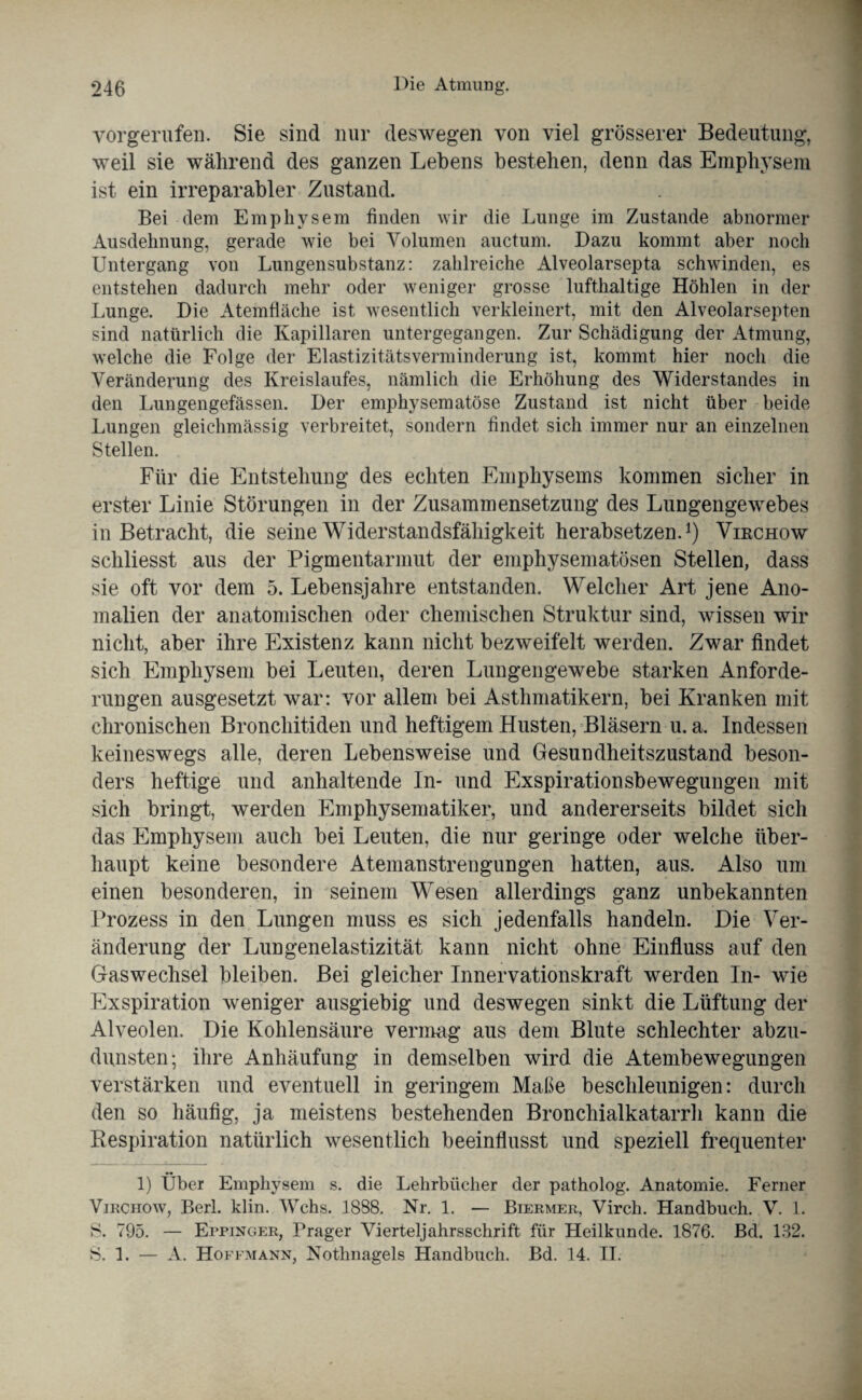 vorgerufen. Sie sind nur deswegen von viel grösserer Bedeutung, weil sie während des ganzen Lebens bestehen, denn das Emphysem ist ein irreparabler Zustand. Bei dem Emphysem finden wir die Lunge im Zustande abnormer Ausdehnung, gerade wie bei Volumen auctum. Dazu kommt aber noch Untergang von Lungensubstanz: zahlreiche Alveolarsepta schwinden, es entstehen dadurch mehr oder weniger grosse lufthaltige Höhlen in der Lunge. Die Atemfläche ist wesentlich verkleinert, mit den Alveolarsepten sind natürlich die Kapillaren untergegangen. Zur Schädigung der Atmung, welche die Folge der ElastizitätsVerminderung ist, kommt hier noch die Veränderung des Kreislaufes, nämlich die Erhöhung des Widerstandes in den Lungengefässen. Der emphysematose Zustand ist nicht über beide Lungen gleichmässig verbreitet, sondern findet sich immer nur an einzelnen Stellen. Für die Entstehung des echten Emphysems kommen sicher in erster Linie Störungen in der Zusammensetzung des Lungengewebes in Betracht, die seine Widerstandsfähigkeit herabsetzen.1) Viechow schliesst aus der Pigmentarmut der emphysematosen Stellen, dass sie oft vor dem 5. Lebensjahre entstanden. Welcher Art jene Ano¬ malien der anatomischen oder chemischen Struktur sind, wissen wir nicht, aber ihre Existenz kann nicht bezweifelt werden. Zwar findet sich Emphysem bei Leuten, deren Lungengewebe starken Anforde¬ rungen ausgesetzt war: vor allem bei Asthmatikern, bei Kranken mit chronischen Bronchitiden und heftigem Husten, Bläsern u. a. Indessen keineswegs alle, deren Lebensweise und Gesundheitszustand beson¬ ders heftige und anhaltende In- und Exspirationsbewegungen mit sich bringt, werden Emphysematiker, und andererseits bildet sich das Emphysem auch bei Leuten, die nur geringe oder welche über¬ haupt keine besondere Atemanstrengungen hatten, aus. Also um einen besonderen, in seinem Wesen allerdings ganz unbekannten Prozess in den Lungen muss es sich jedenfalls handeln. Die Ver¬ änderung der Lungenelastizität kann nicht ohne Einfluss auf den Gaswechsel bleiben. Bei gleicher Innervationskraft werden In- wie Exspiration weniger ausgiebig und deswegen sinkt die Lüftung der Alveolen. Die Kohlensäure vermag aus dem Blute schlechter abzu¬ dunsten; ihre Anhäufung in demselben wird die Atembewegungen verstärken und eventuell in geringem Maße beschleunigen: durch den so häufig, ja meistens bestehenden Bronchialkatarrh kann die Respiration natürlich wesentlich beeinflusst und speziell frequenter 1) Über Emphysem s. die Lehrbücher der patholog. Anatomie. Ferner Vikchow, Berl. klin. Wehs. 1888. Nr. 1. — Biermer, Virch. Handbuch. V. 1. S. 795. — Eppinger, Prager Vierteljahrsschrift für Heilkunde. 1876. Bd. 132. 8. 1. — A. Hoffmann, Nothnagels Handbuch. Bd. 14. II.